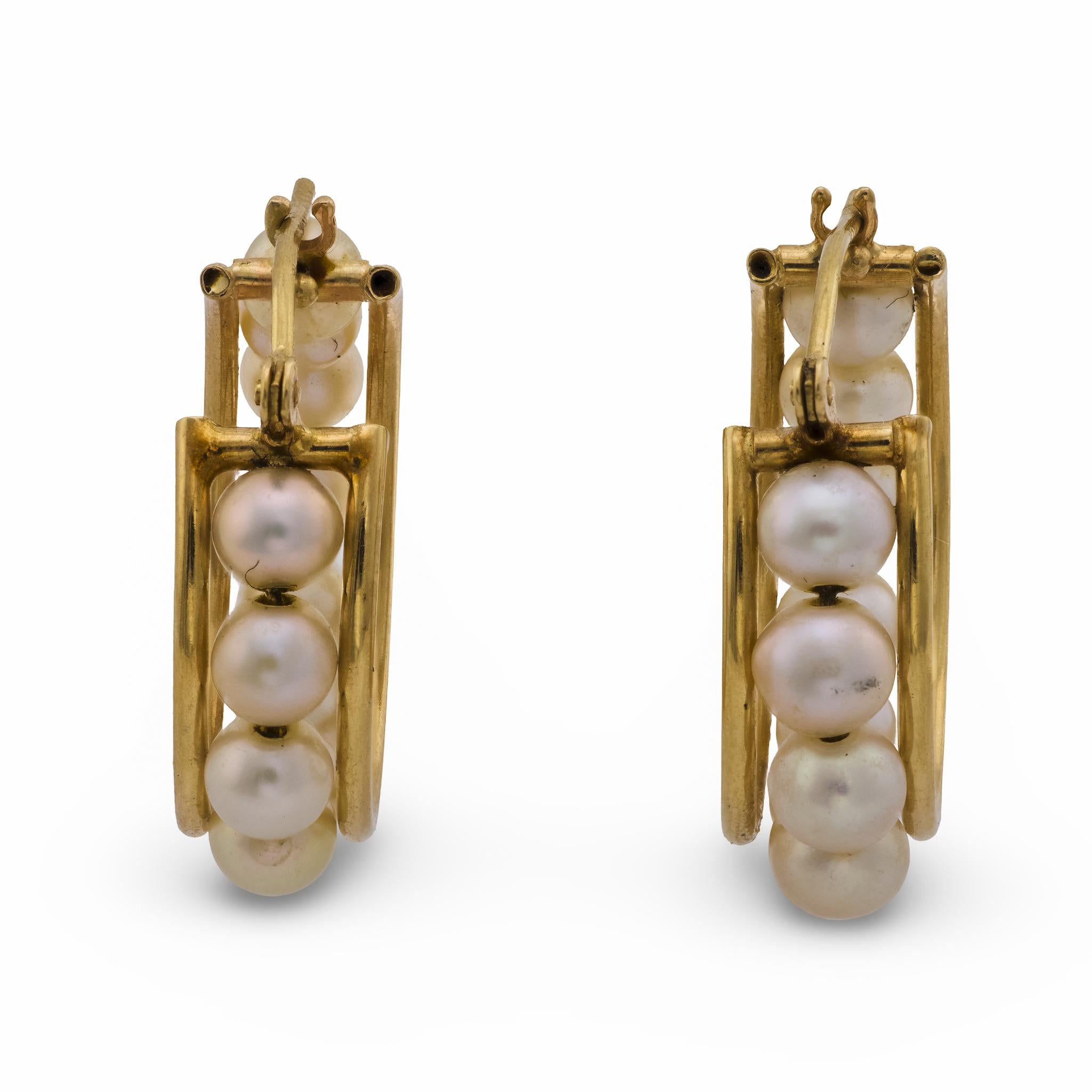 Vintage pearl 14k yellow gold hoop earrings