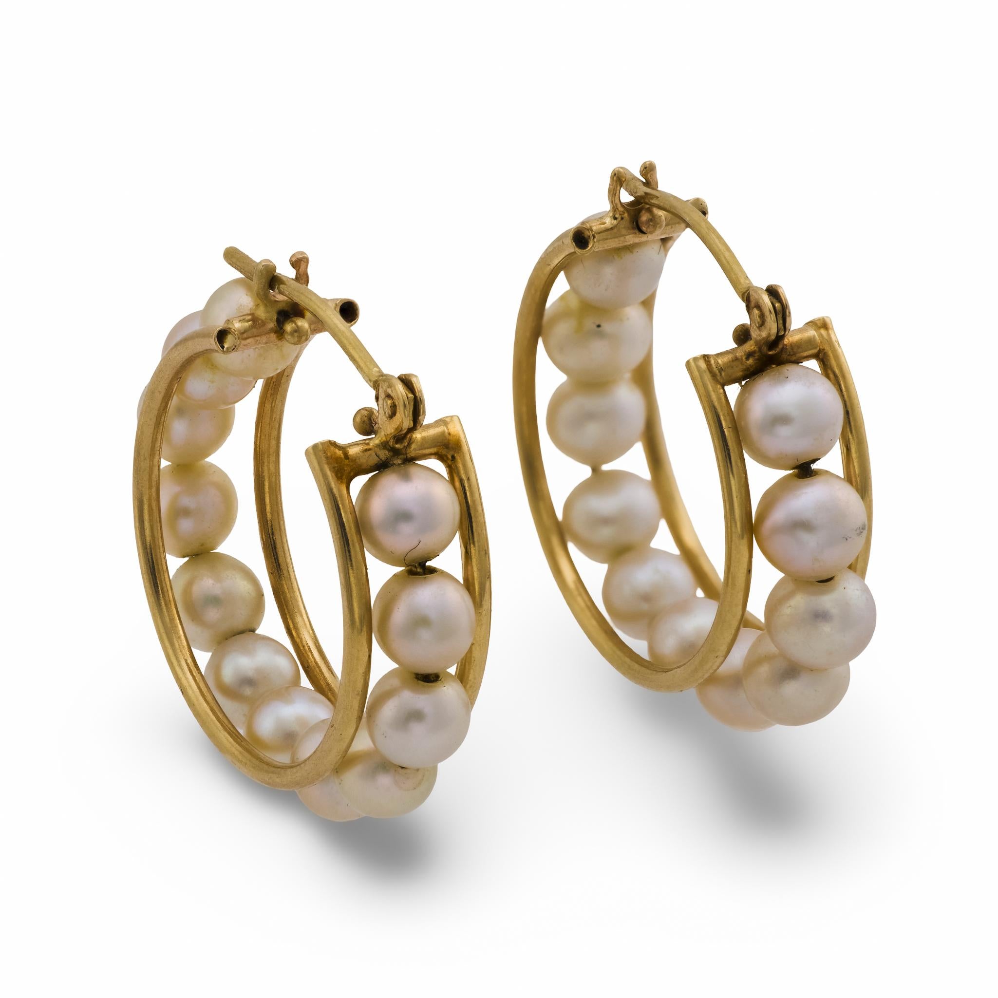 Vintage pearl 14k yellow gold hoop earrings