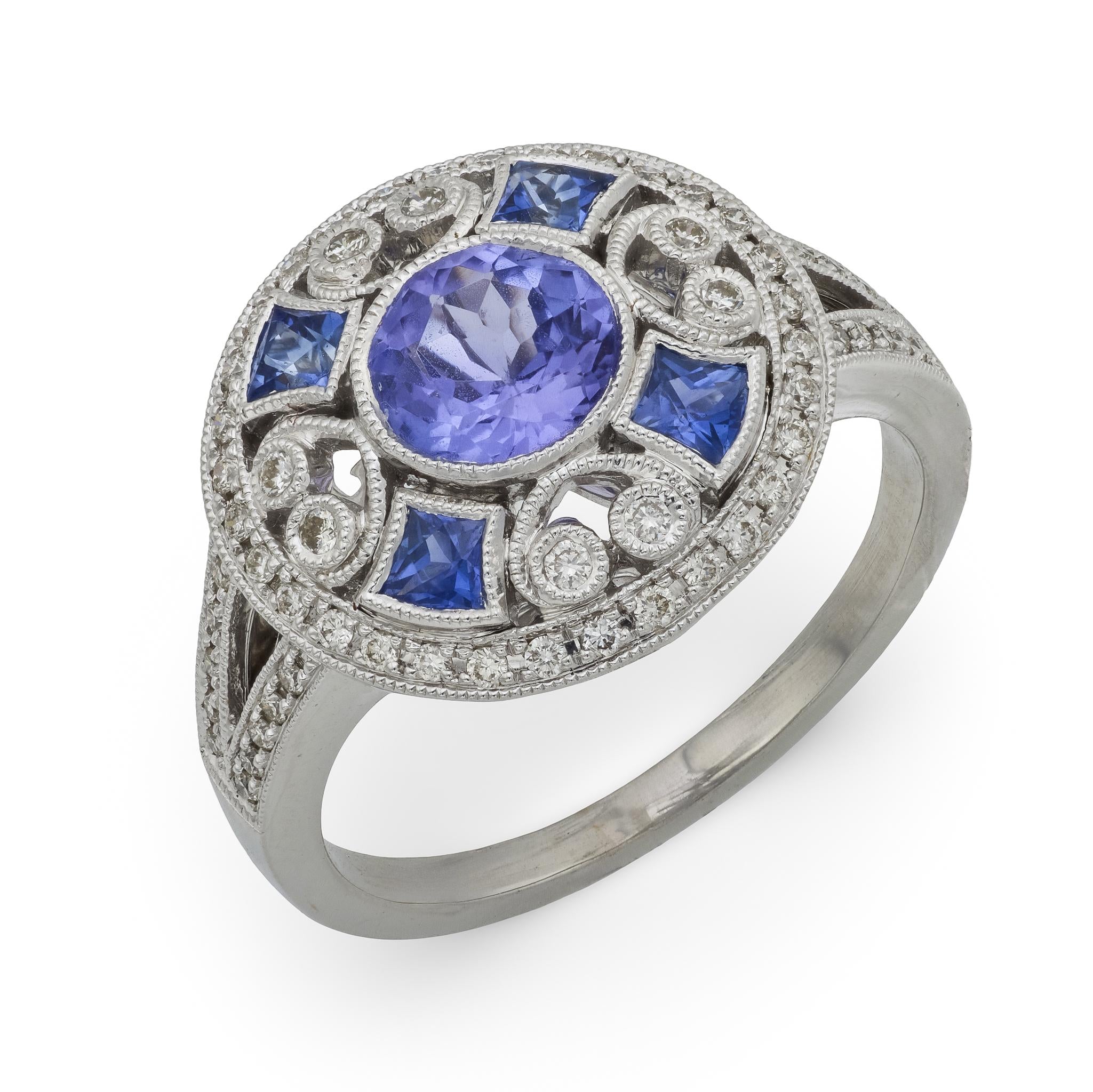 Art Deco style 1.10 carat tanzanite diamond platinum cocktail ring