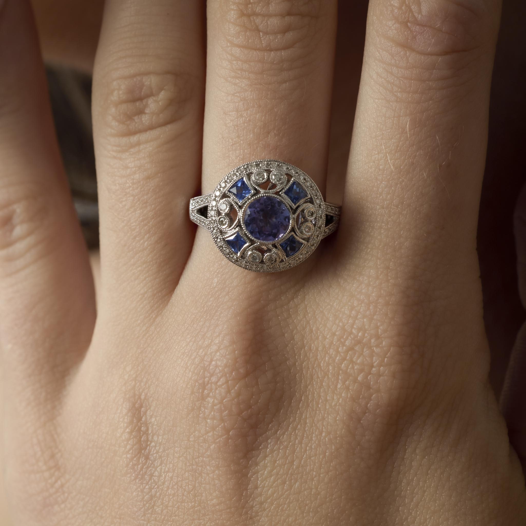 Art Deco style 1.10 carat tanzanite diamond platinum cocktail ring