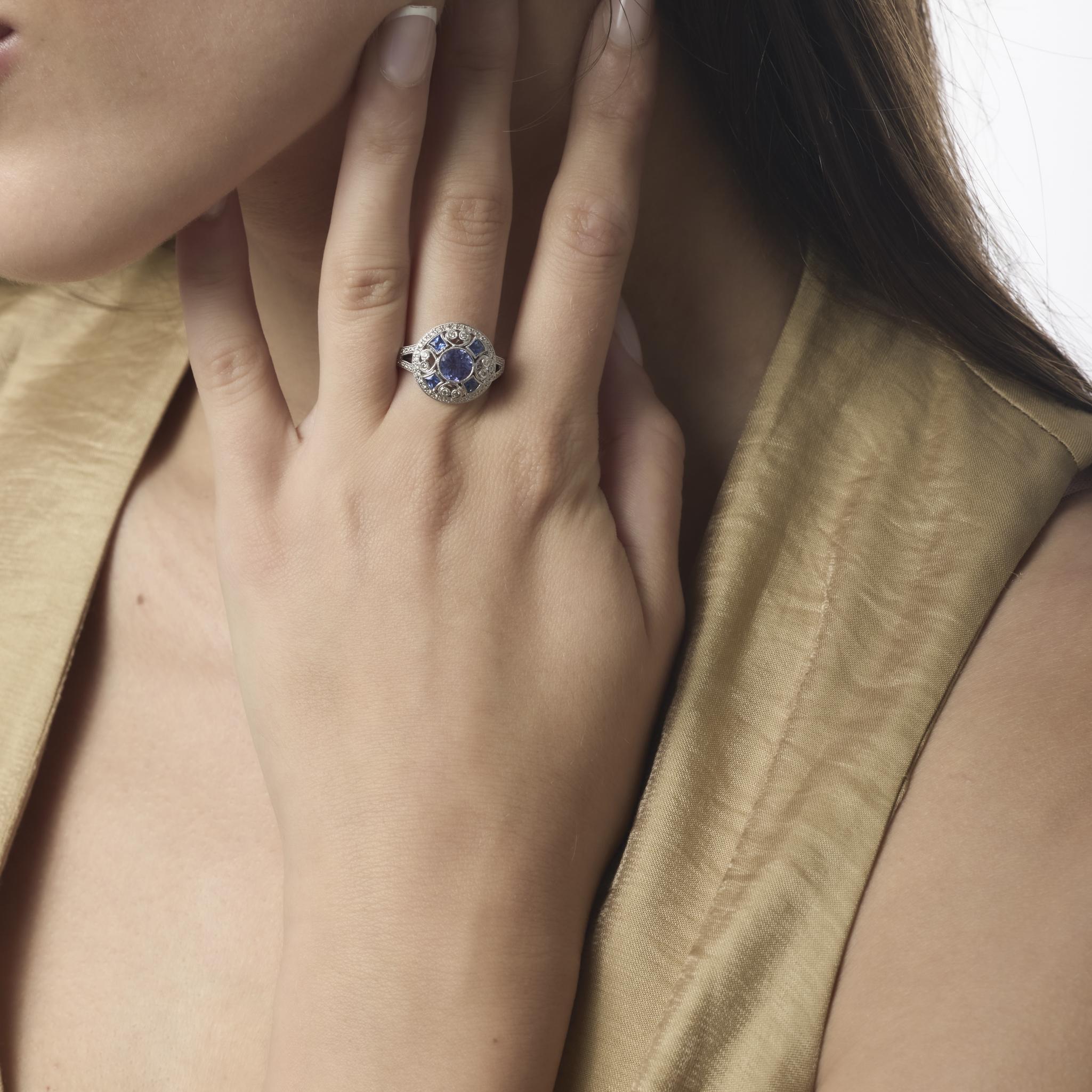 Art Deco style 1.10 carat tanzanite diamond platinum cocktail ring