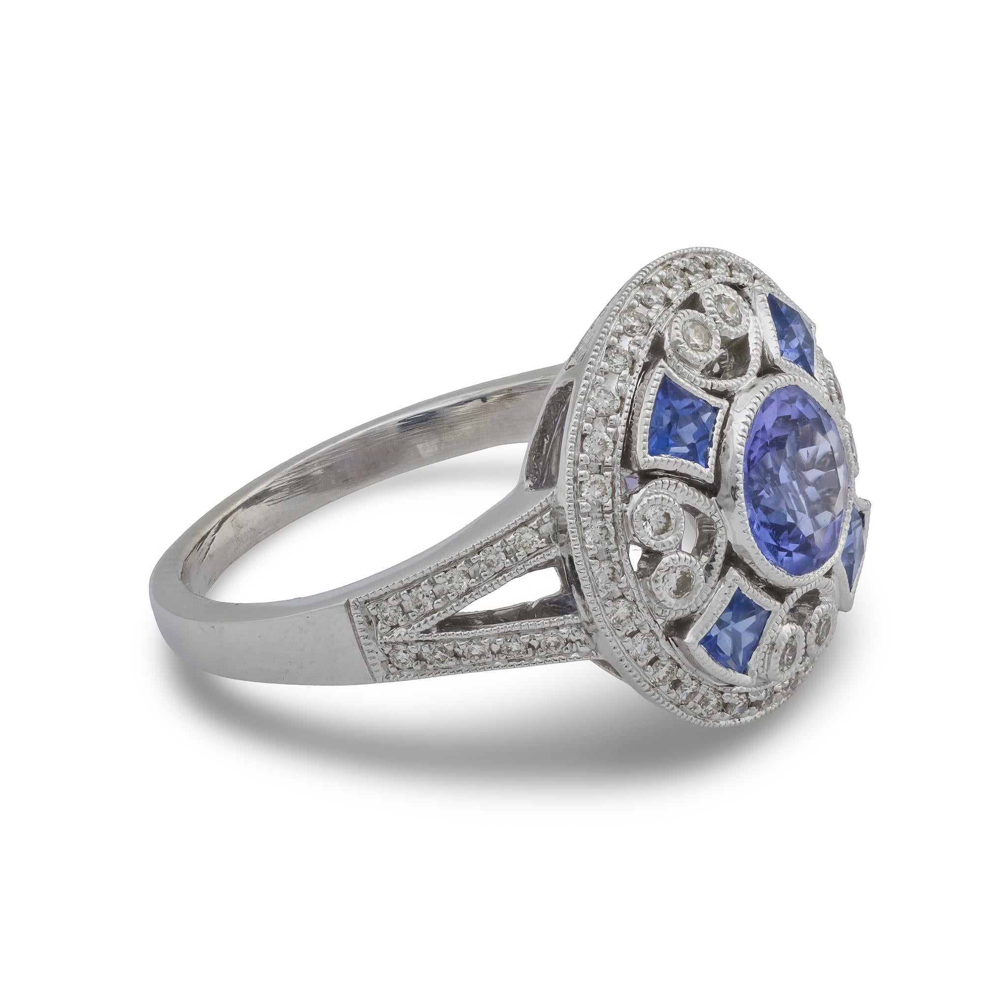 Art Deco style 1.10 carat tanzanite diamond platinum cocktail ring