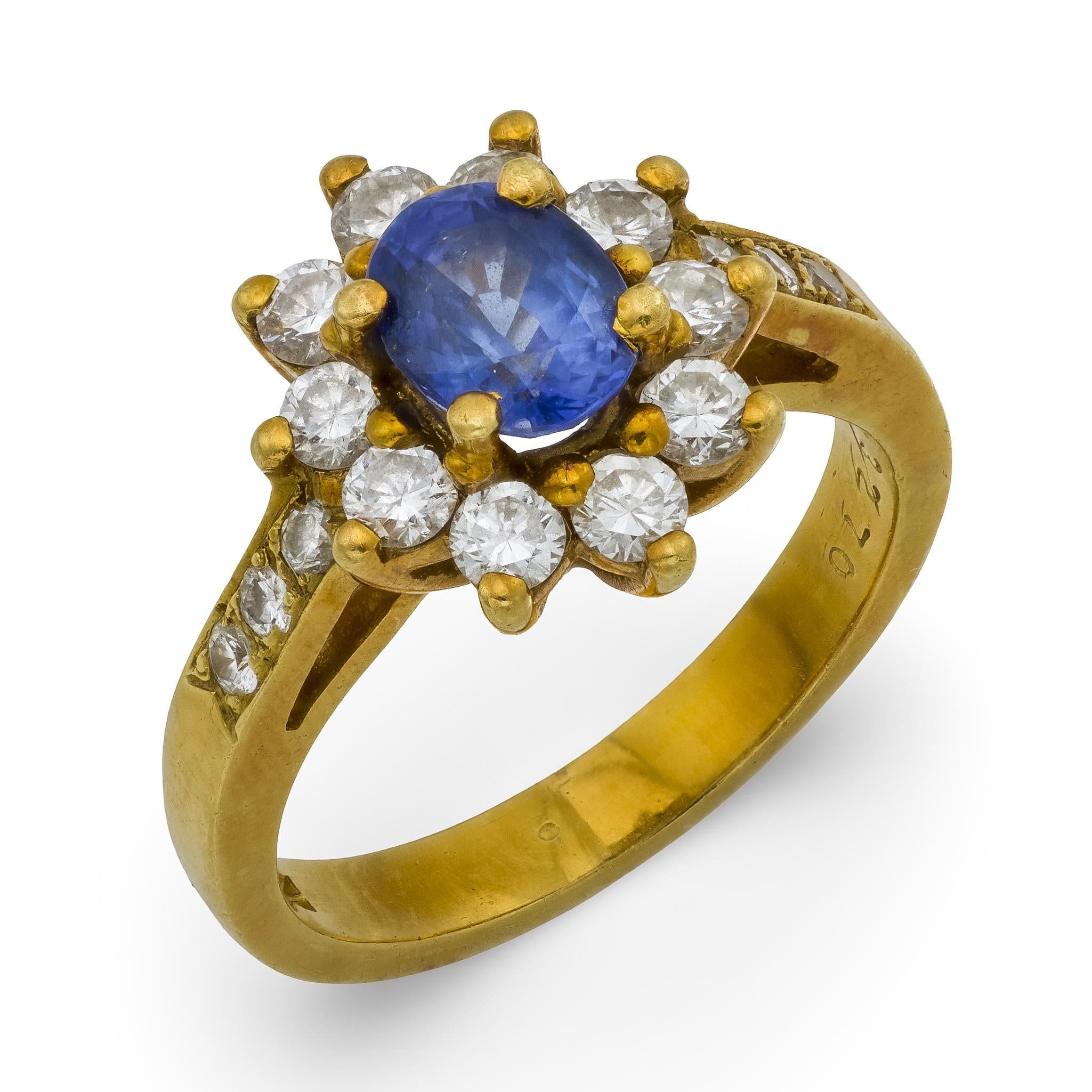 Vintage 1 carat sapphire diamond 18k yellow gold cluster ring