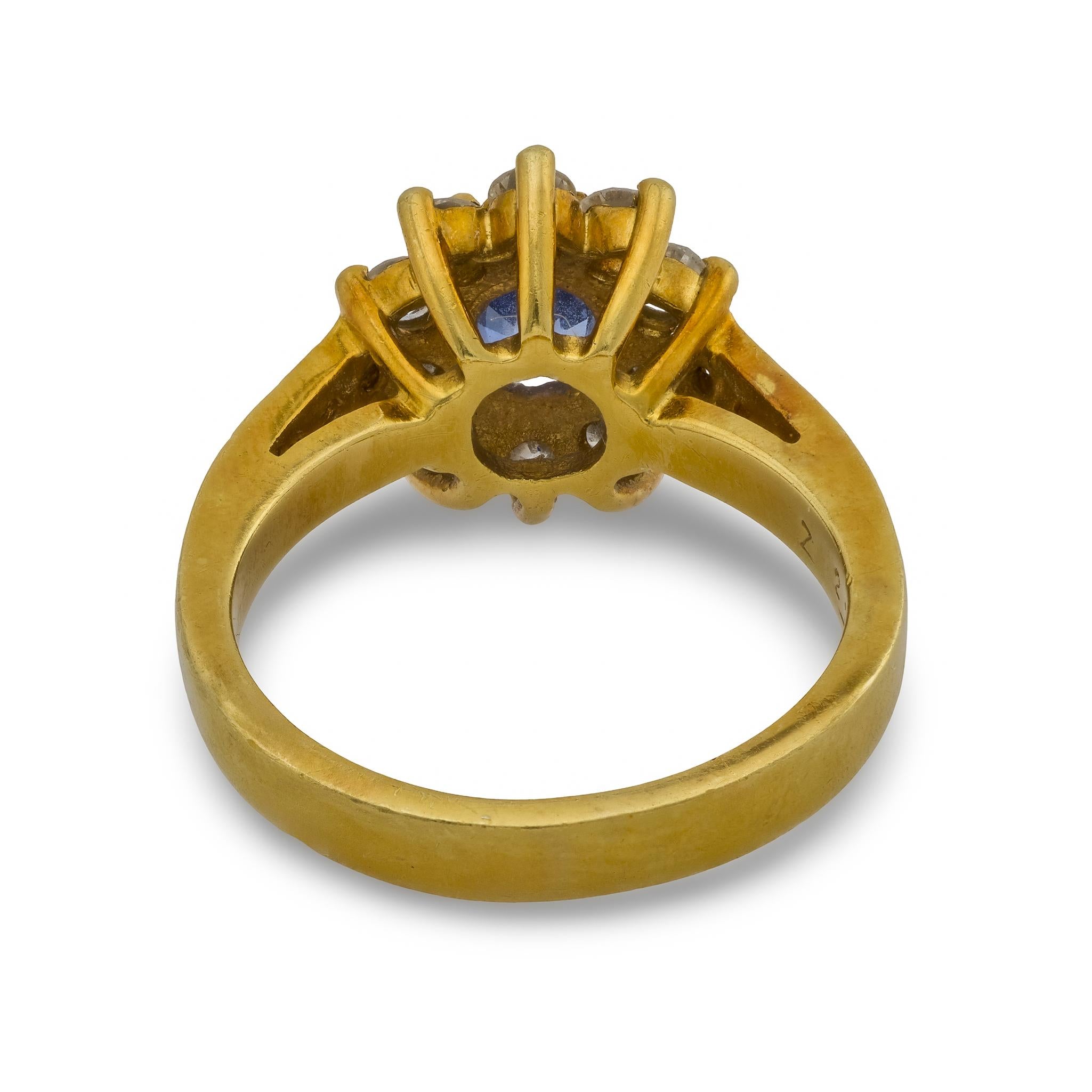 Vintage 1 carat sapphire diamond 18k yellow gold cluster ring