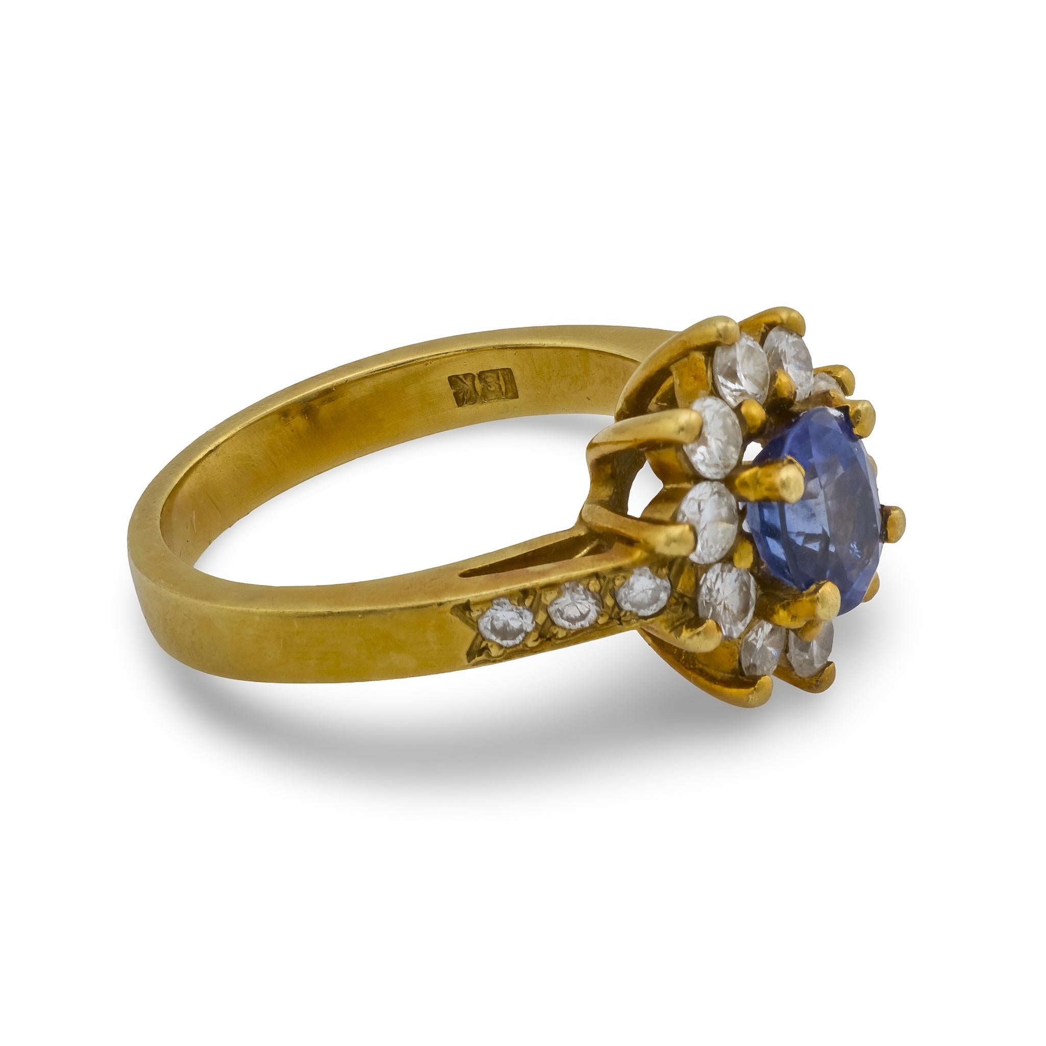 Vintage 1 carat sapphire diamond 18k yellow gold cluster ring