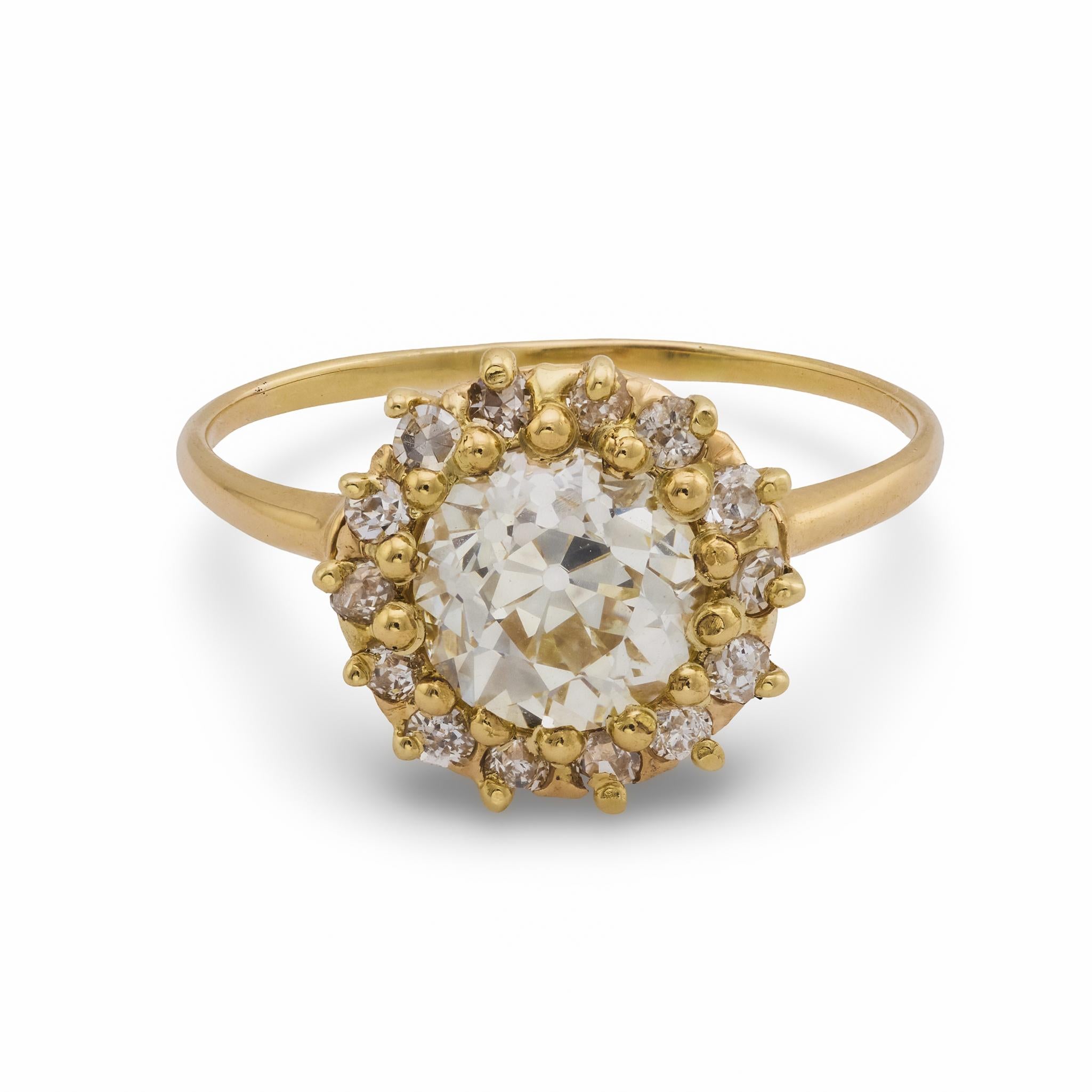 Victorian GIA 1.64 carat old European cut diamond 14k yellow gold cluster ring