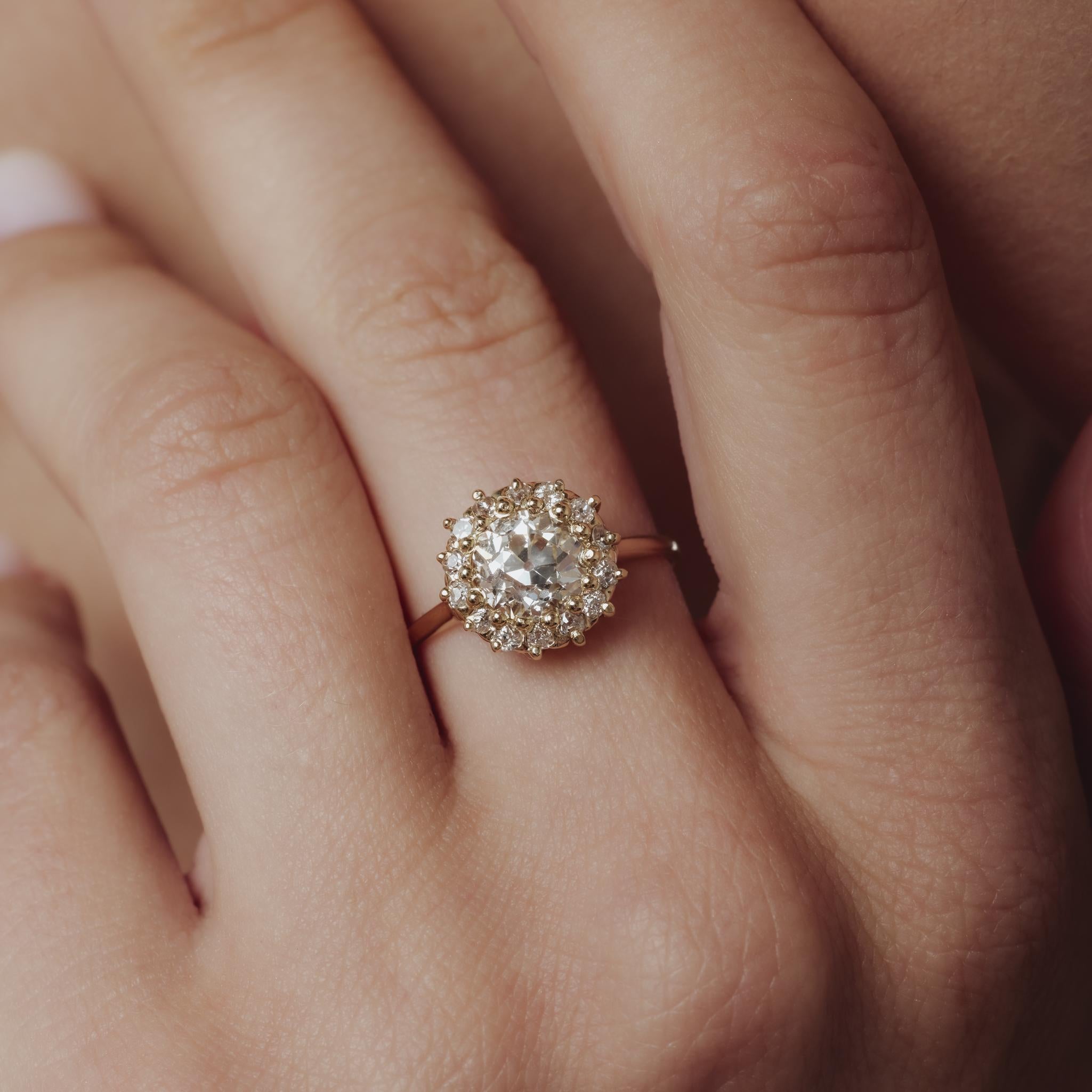 Victorian GIA 1.64 carat old European cut diamond 14k yellow gold cluster ring