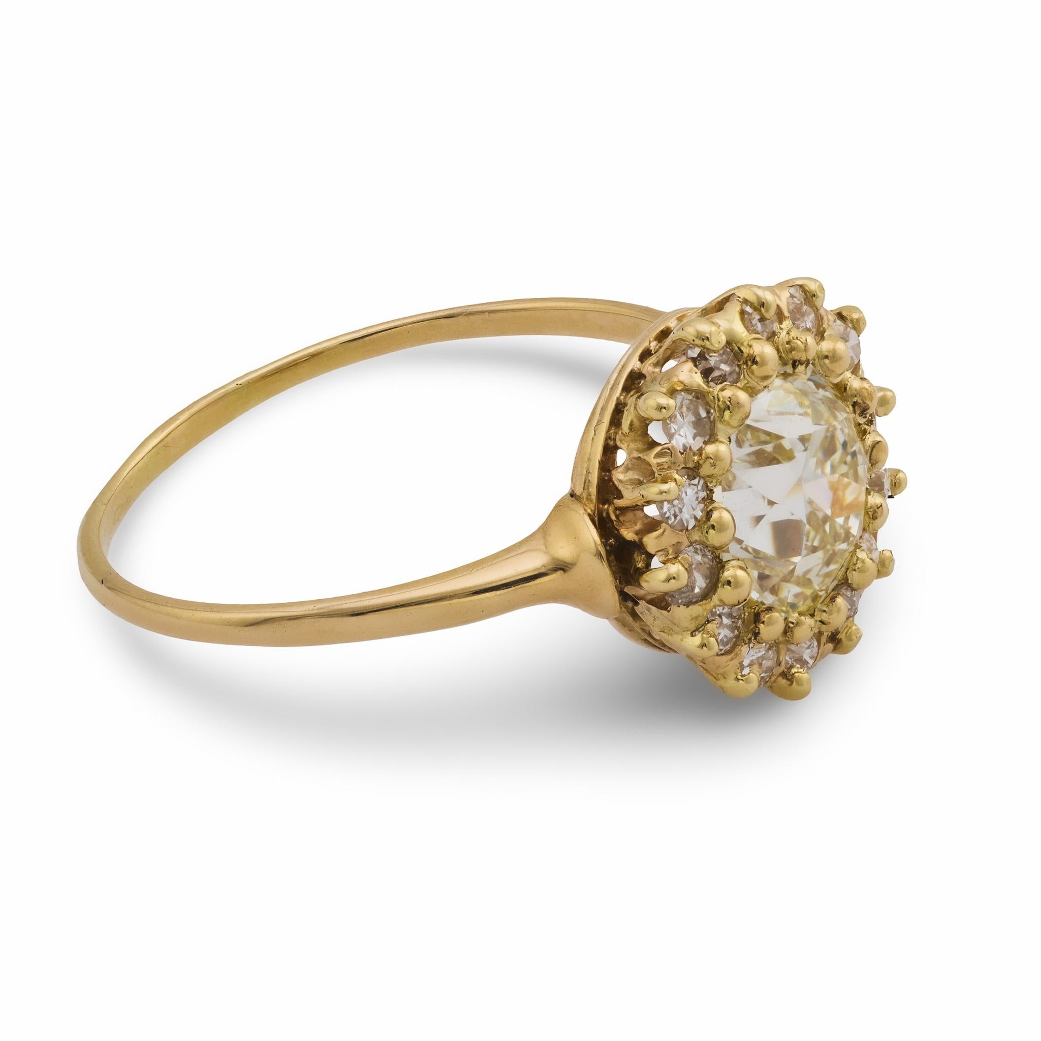 Victorian GIA 1.64 carat old European cut diamond 14k yellow gold cluster ring