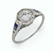 Art Deco diamond sapphire 18k white gold engagement ring