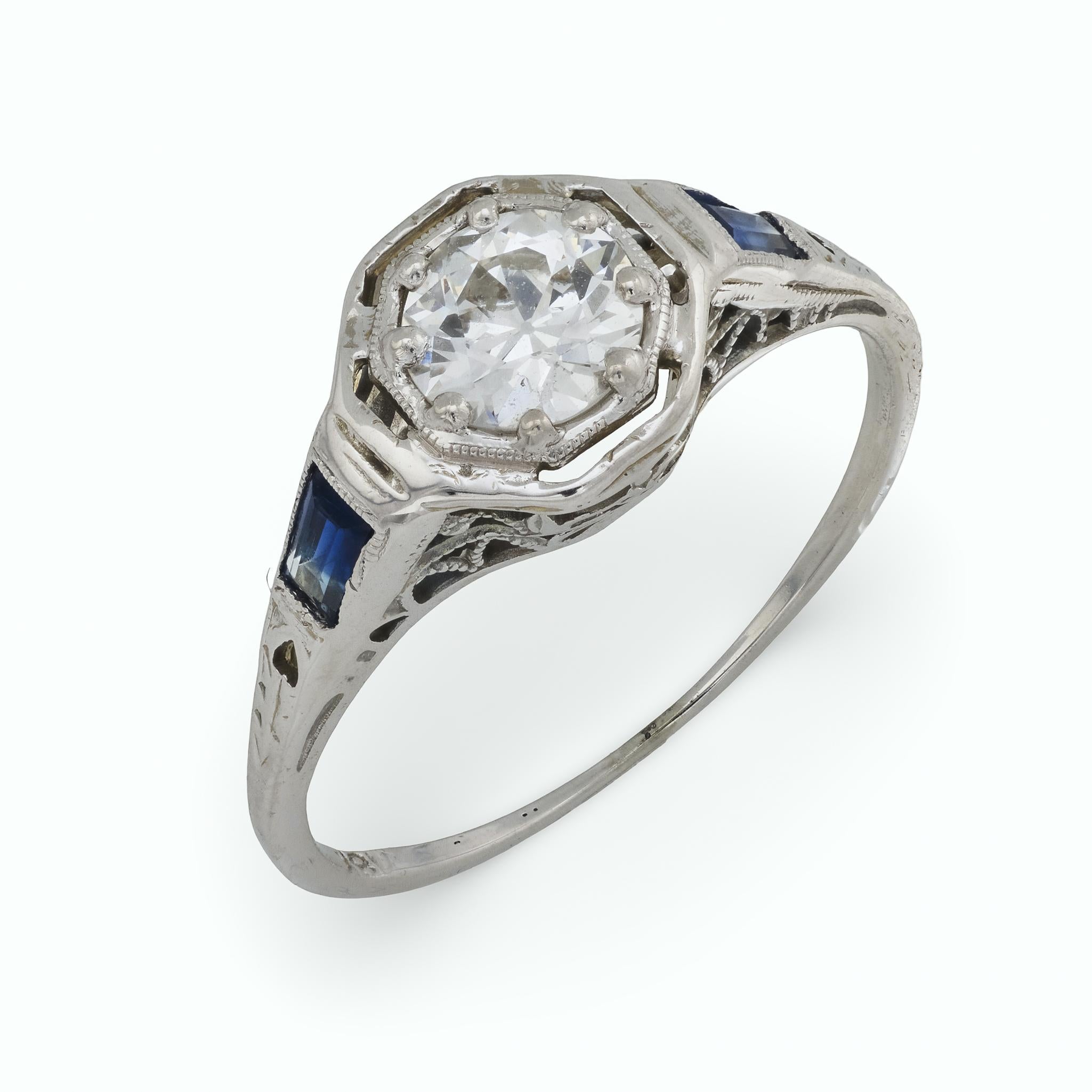 Art Deco diamond sapphire 18k white gold engagement ring