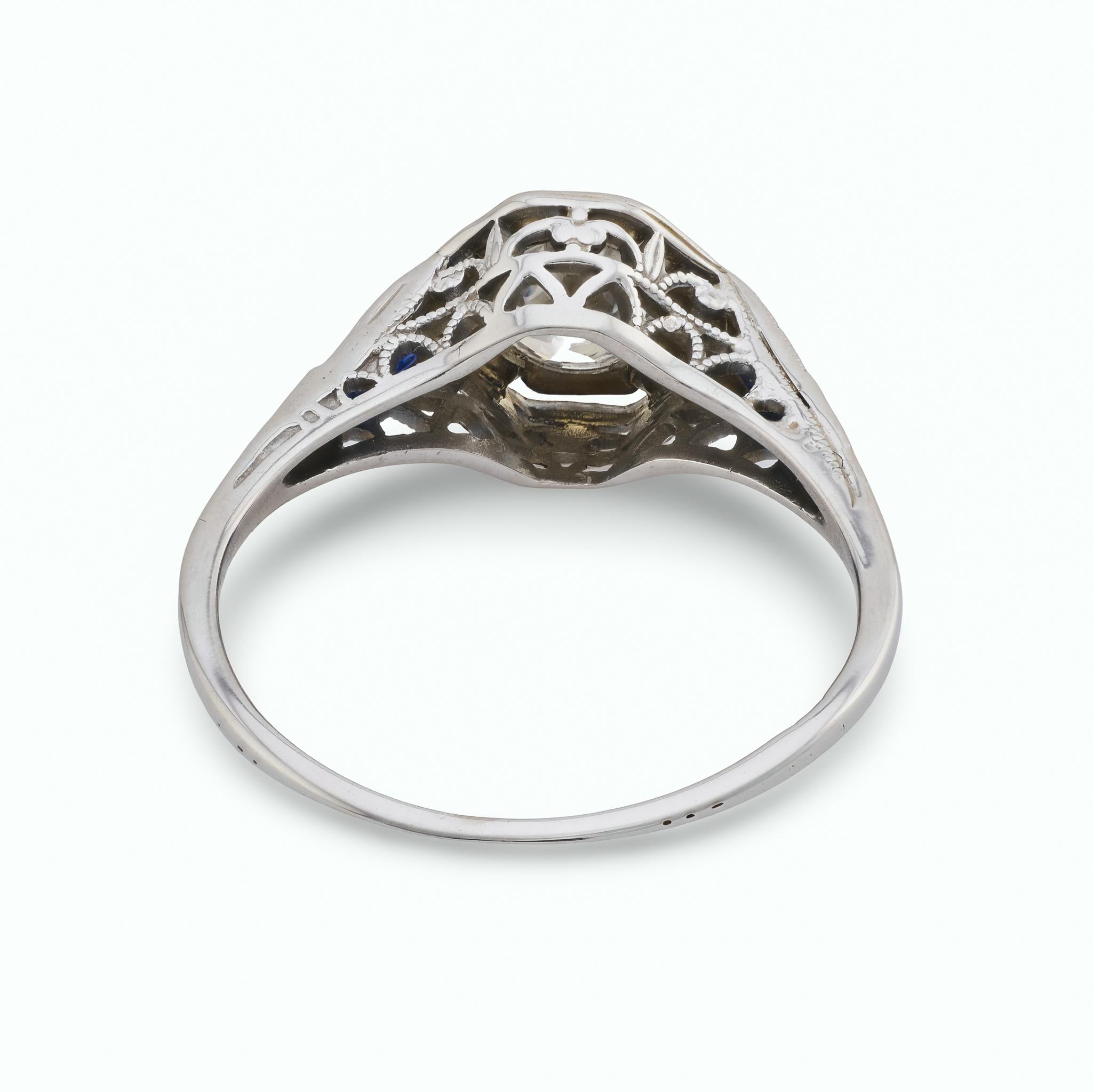 Art Deco diamond sapphire 18k white gold engagement ring