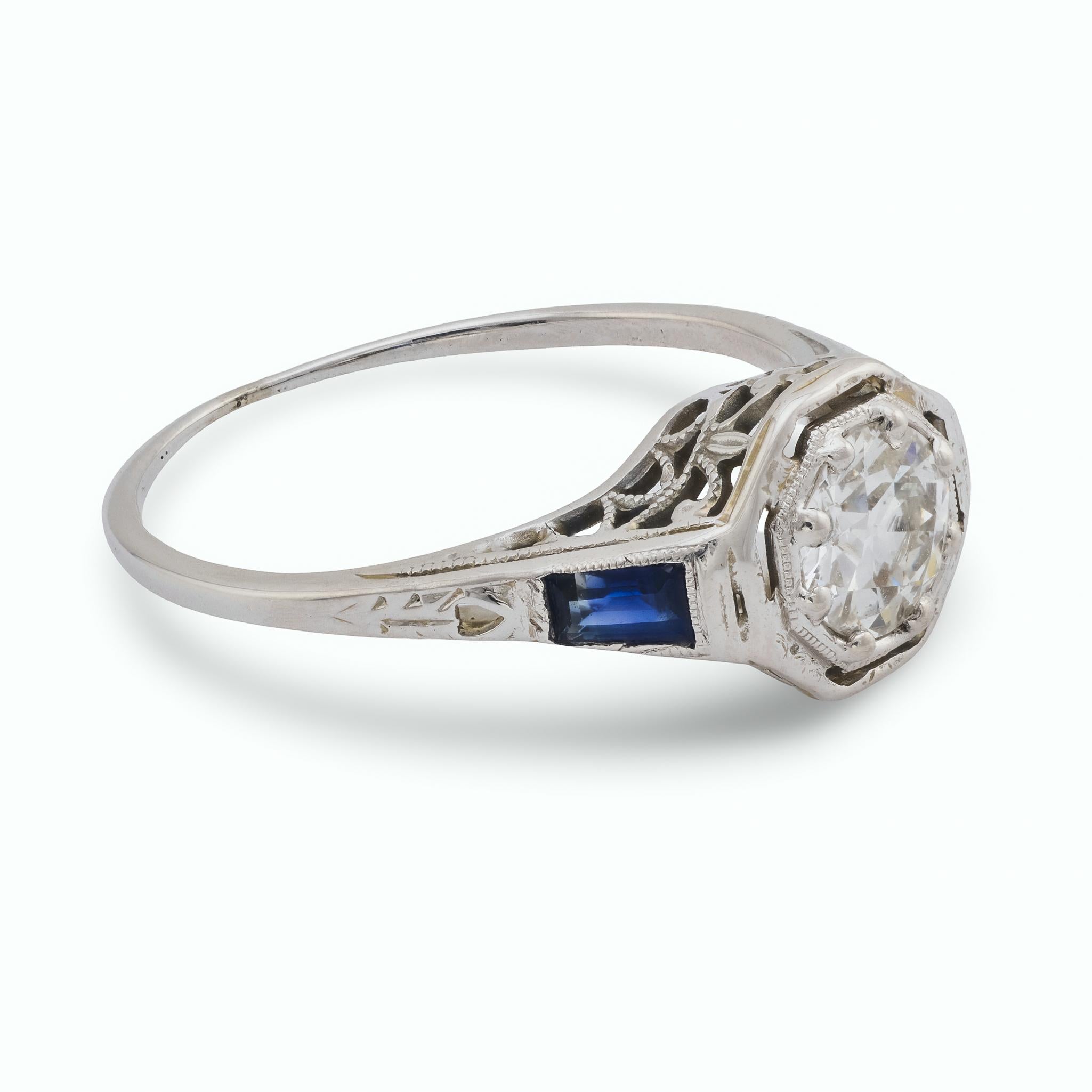 Art Deco diamond sapphire 18k white gold engagement ring
