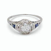 Art Deco diamond sapphire 18k white gold engagement ring
