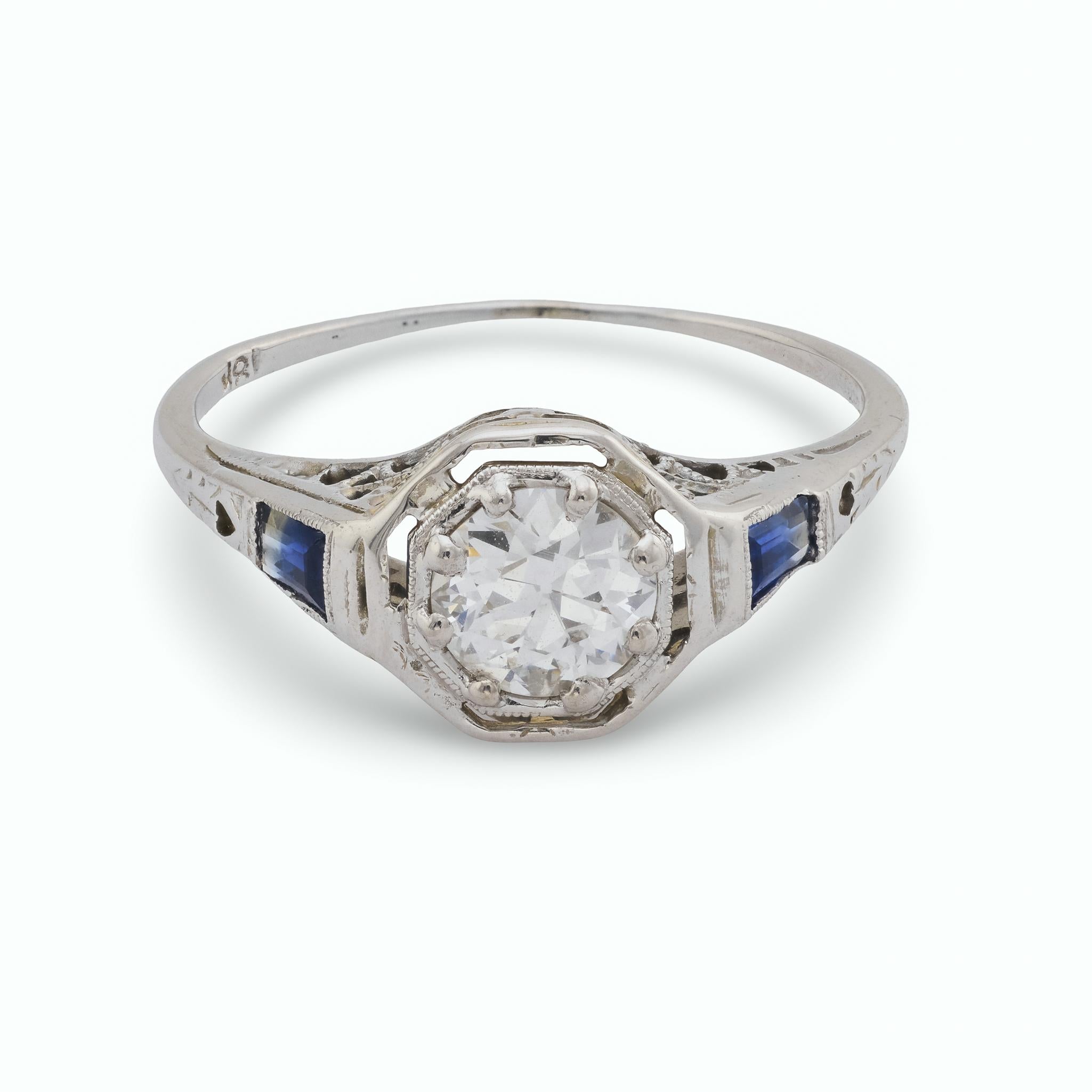 Art Deco diamond sapphire 18k white gold engagement ring