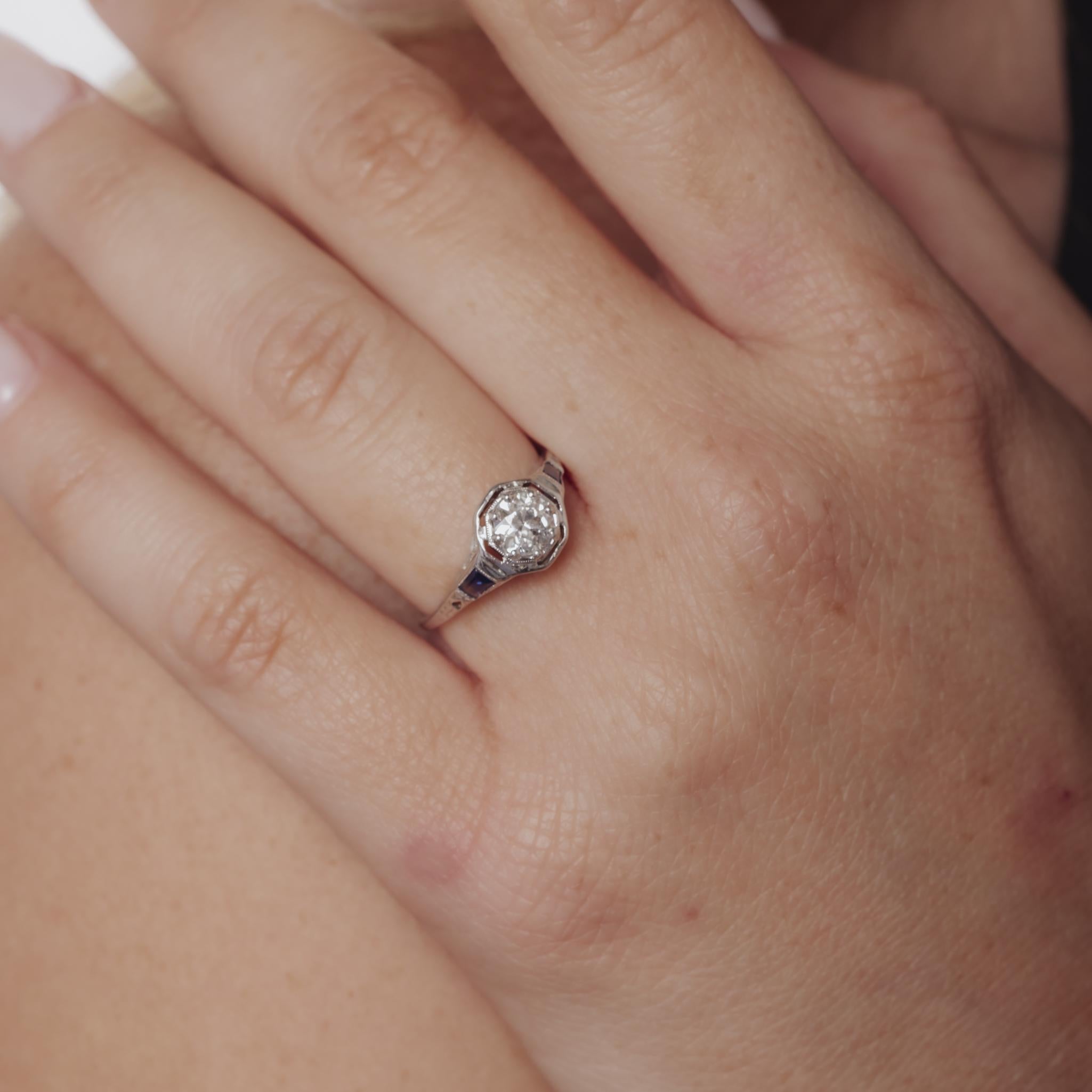 Art Deco diamond sapphire 18k white gold engagement ring