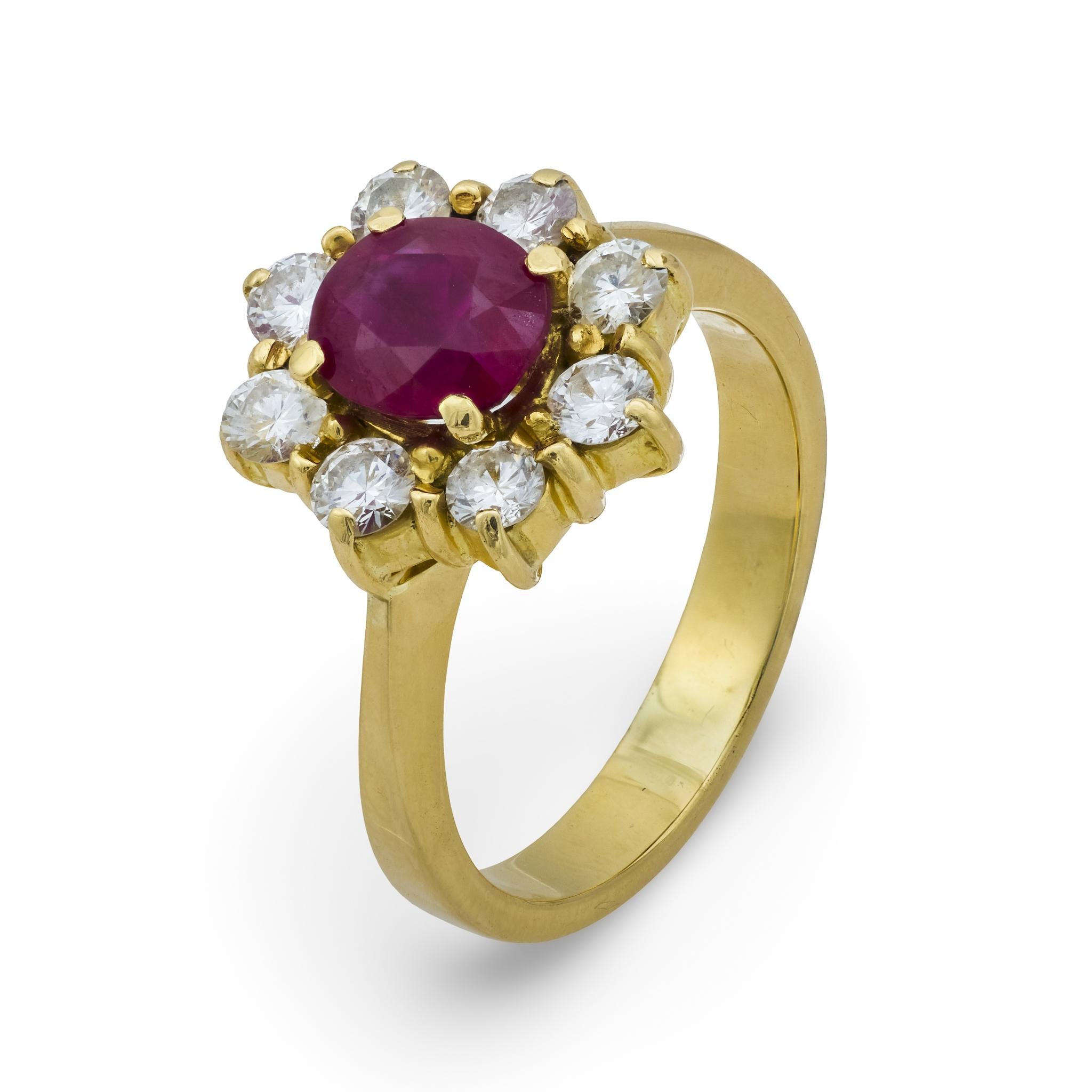Vintage GIA 1.45 carat Burma ruby diamond 18k yellow gold cluster ring