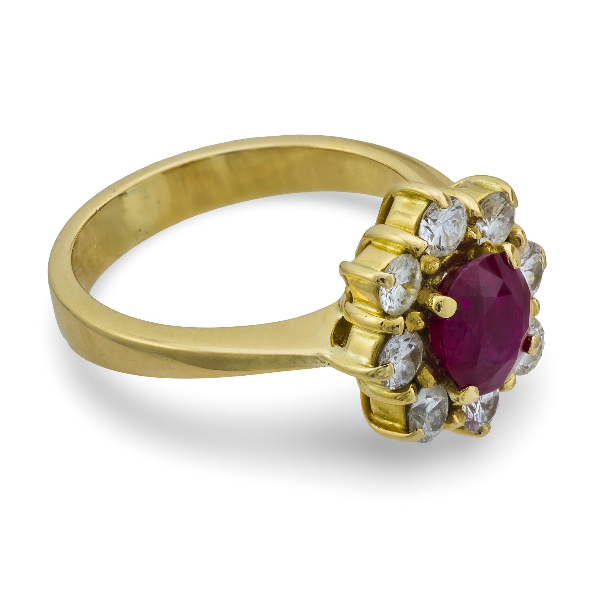 Vintage GIA 1.45 carat Burma ruby diamond 18k yellow gold cluster ring