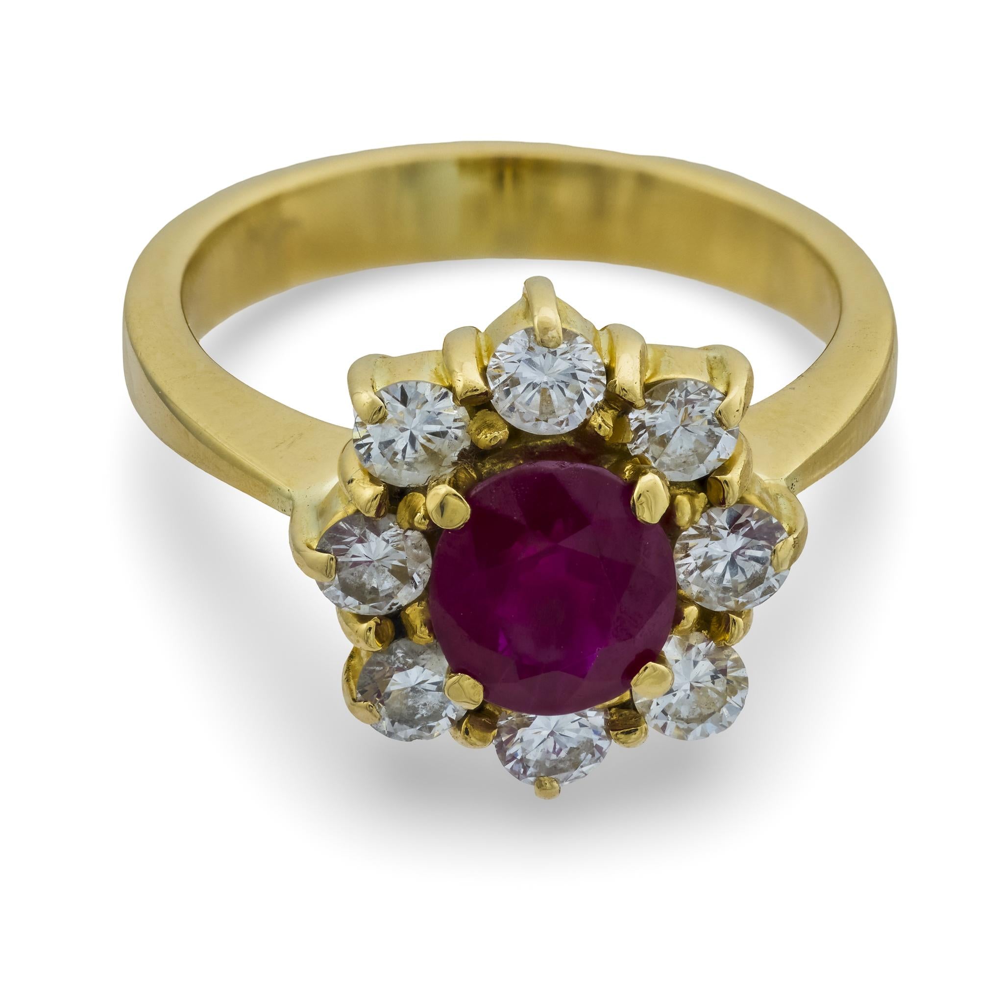 Vintage GIA 1.45 carat Burma ruby diamond 18k yellow gold cluster ring