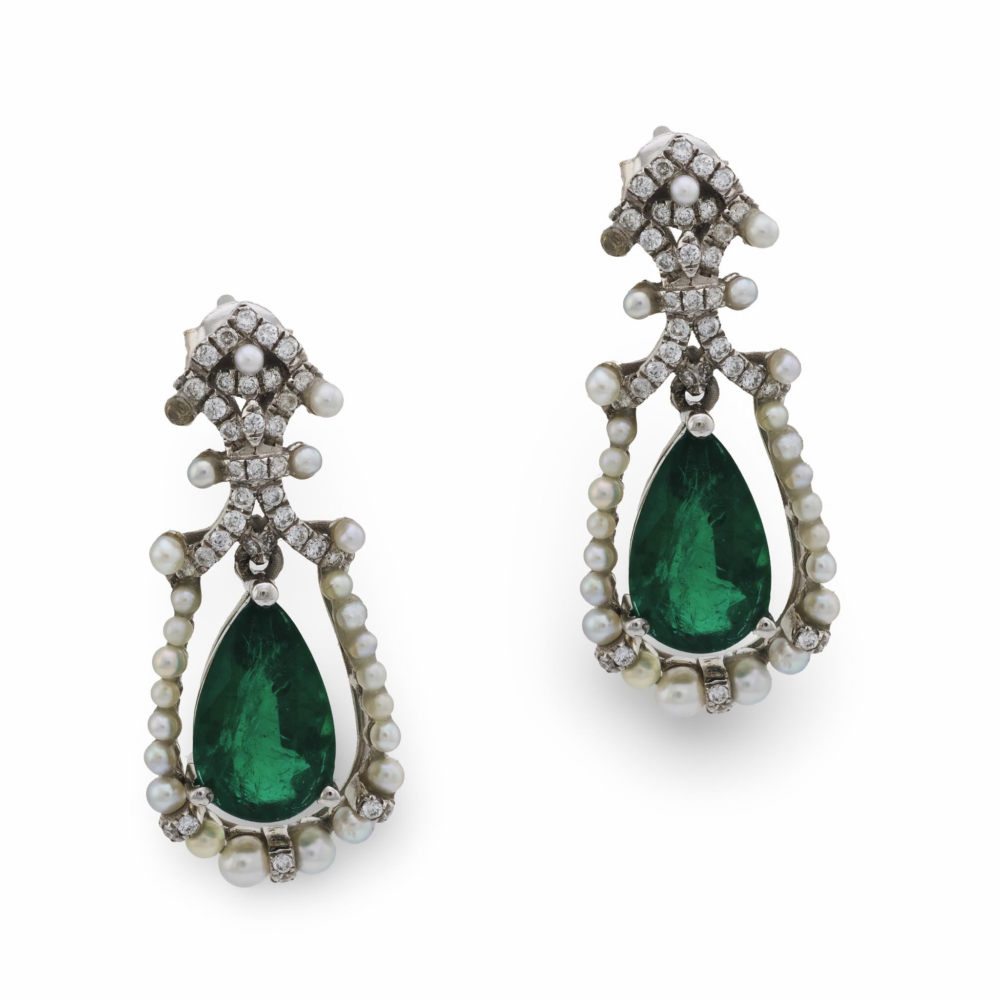 Mid Century 2.35 carat emerald diamond seed pearl 18k white gold earrings