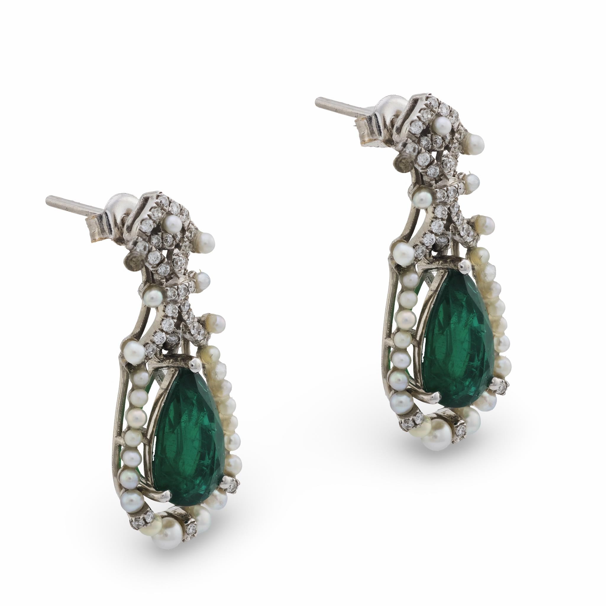 Mid Century 2.35 carat emerald diamond seed pearl 18k white gold earrings