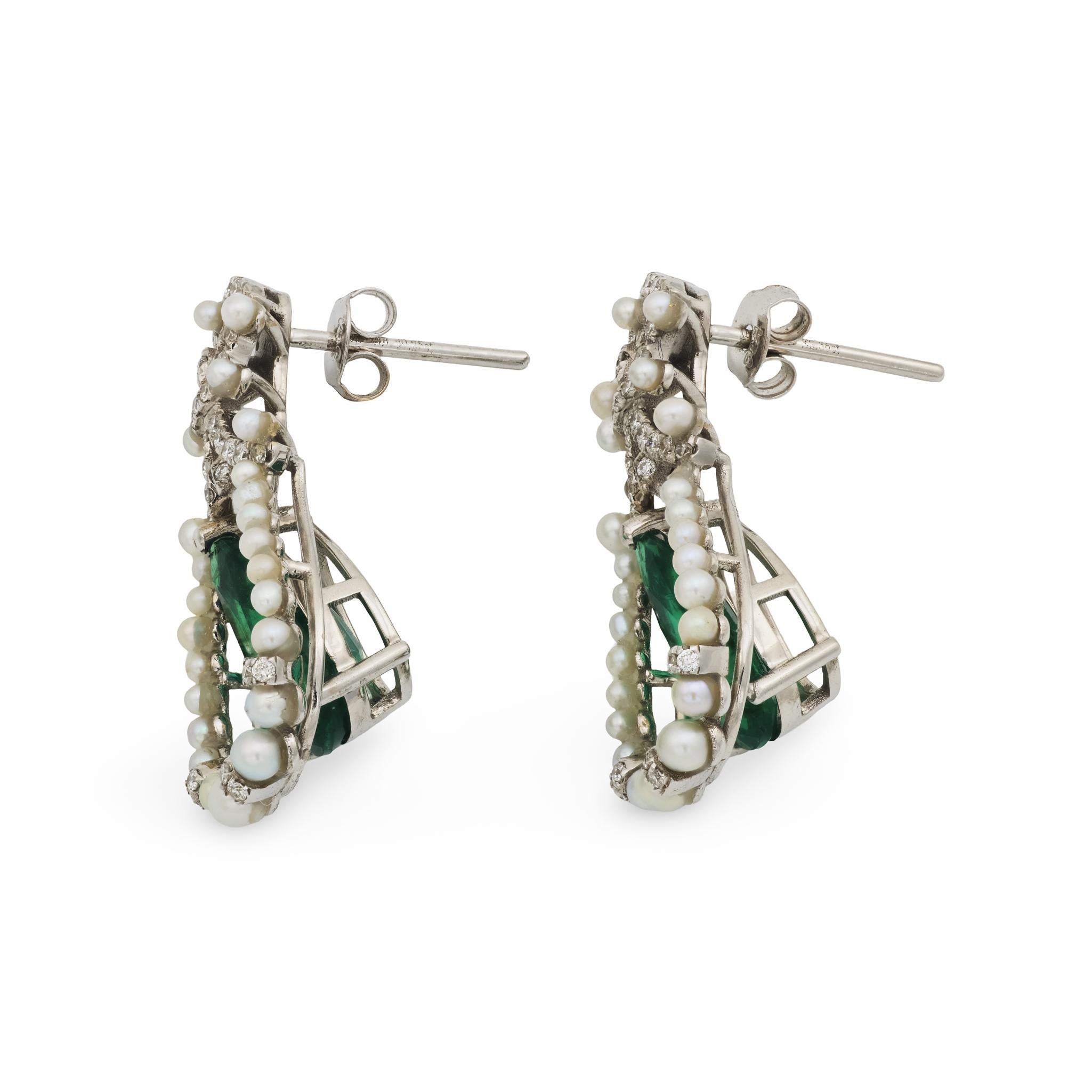 Mid Century 2.35 carat emerald diamond seed pearl 18k white gold earrings