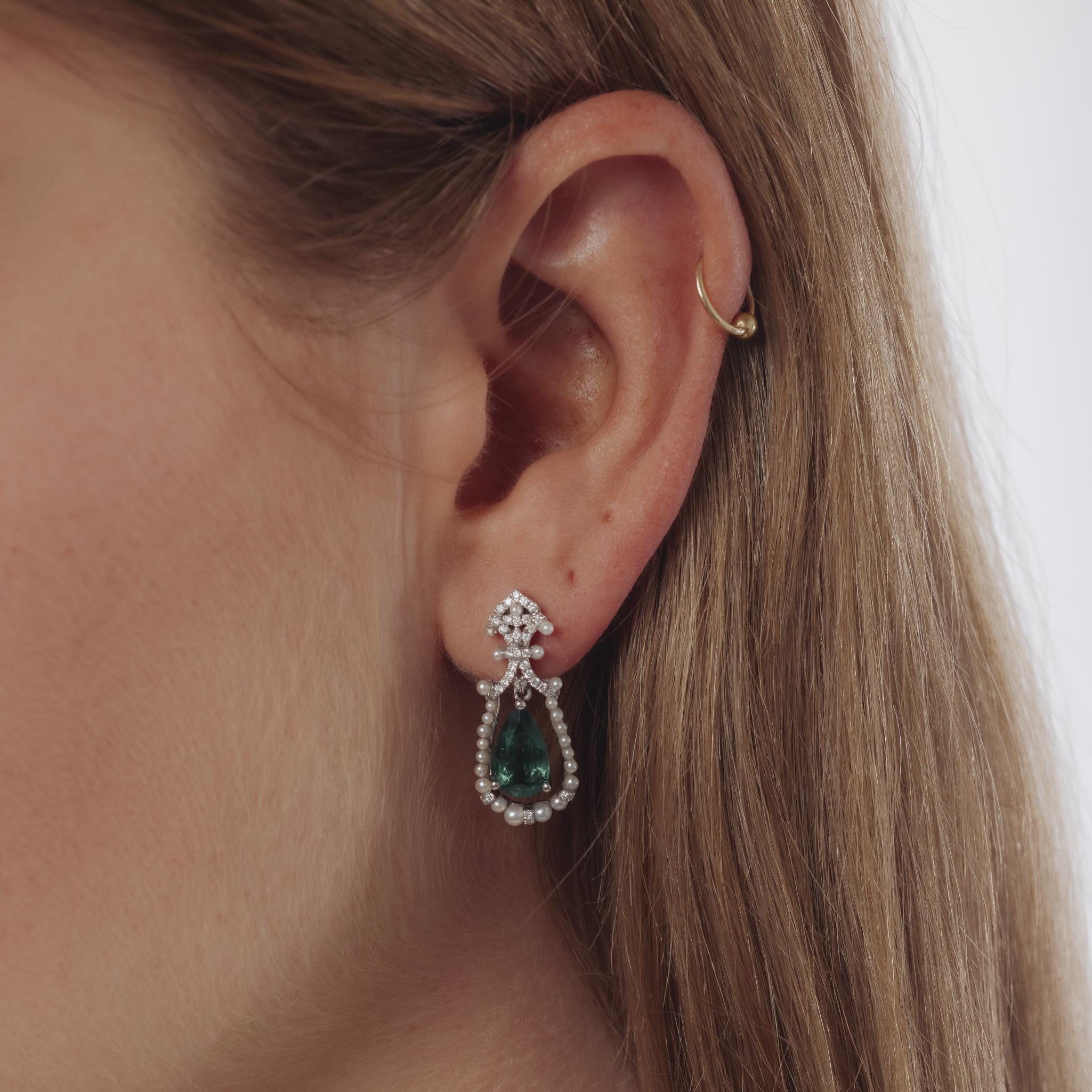 Mid Century 2.35 carat emerald diamond seed pearl 18k white gold earrings