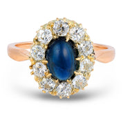 Victorian GIA no heat sapphire old mine cut diamond 14k rose gold cluster ring