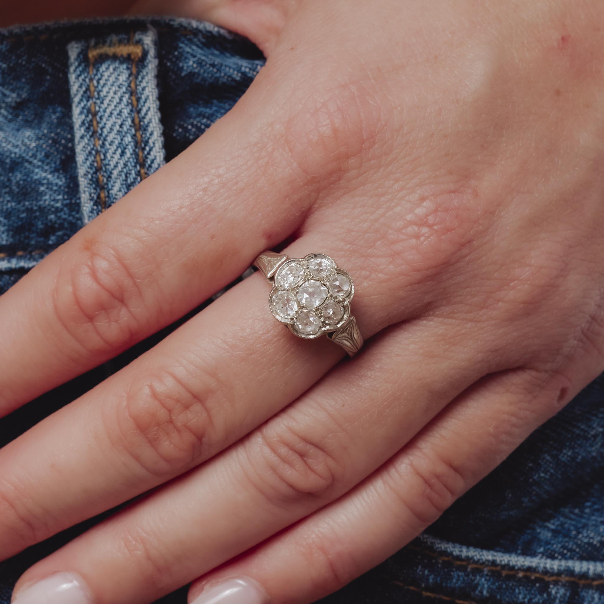 Edwardian 1.90 carat total weight diamond 18k white gold cluster ring