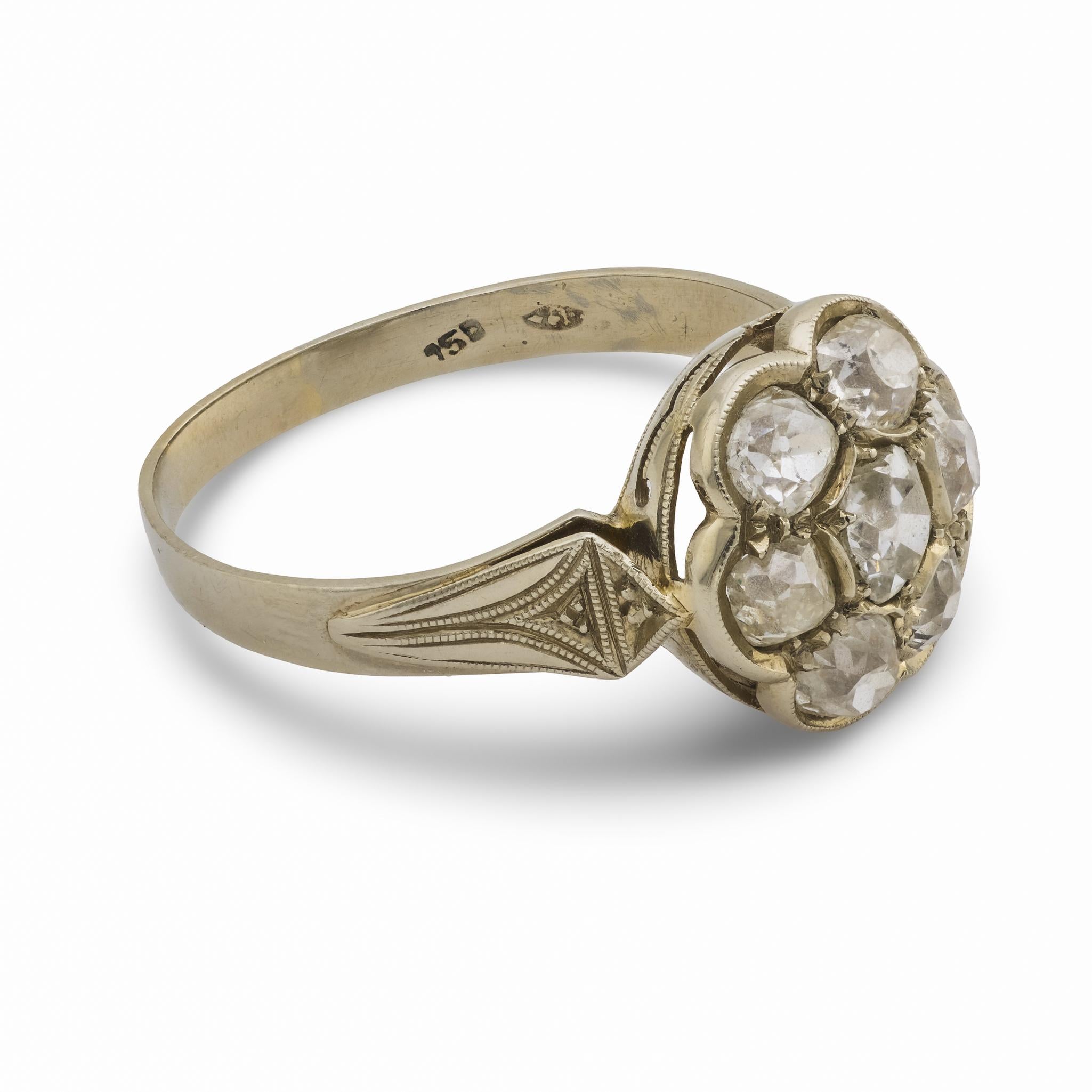 Edwardian 1.90 carat total weight diamond 18k white gold cluster ring