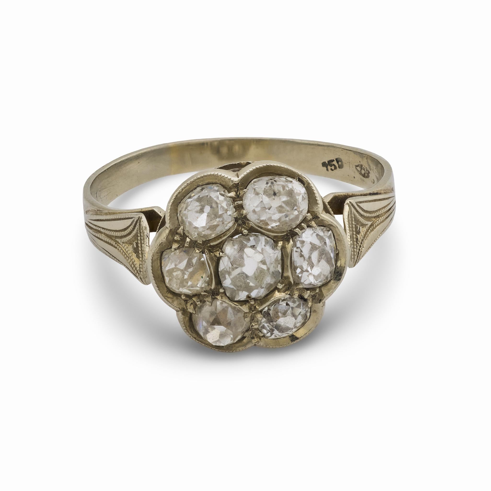 Edwardian 1.90 carat total weight diamond 18k white gold cluster ring
