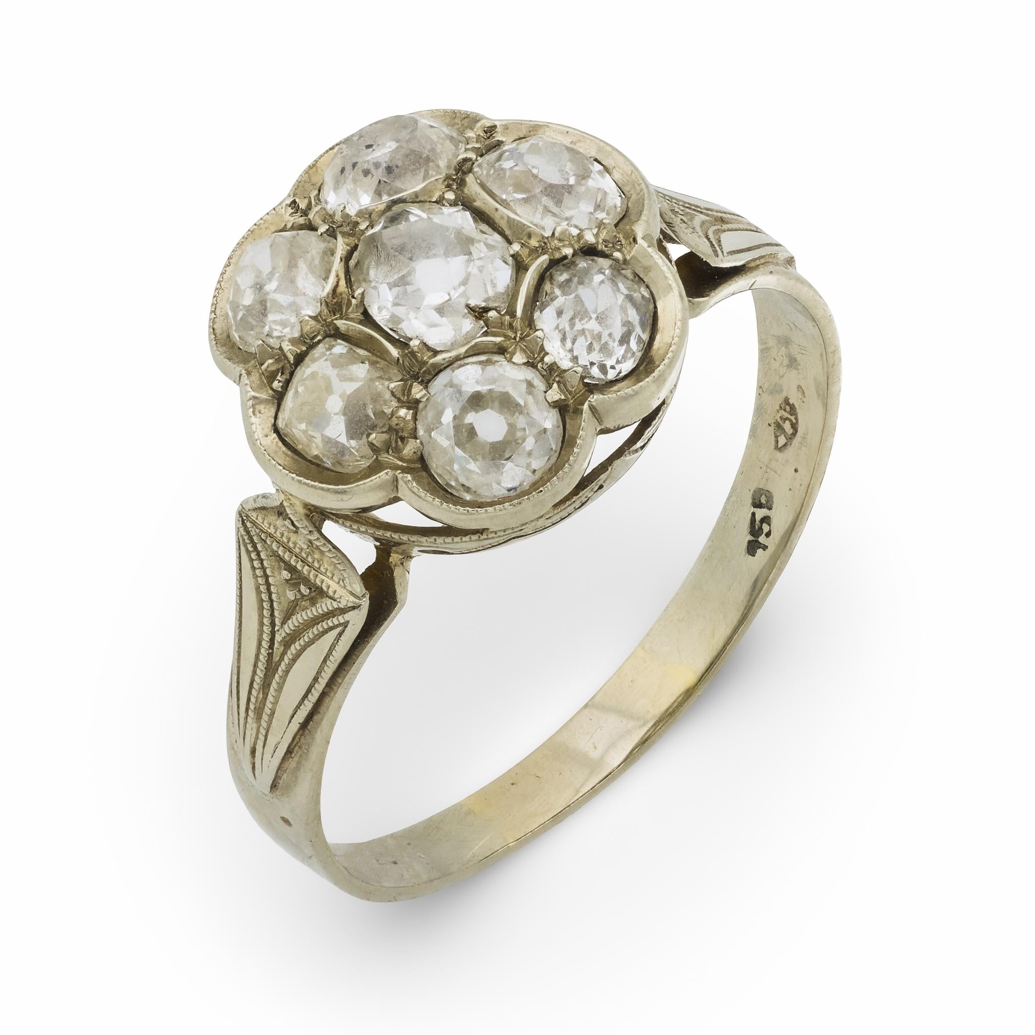 Edwardian 1.90 carat total weight diamond 18k white gold cluster ring