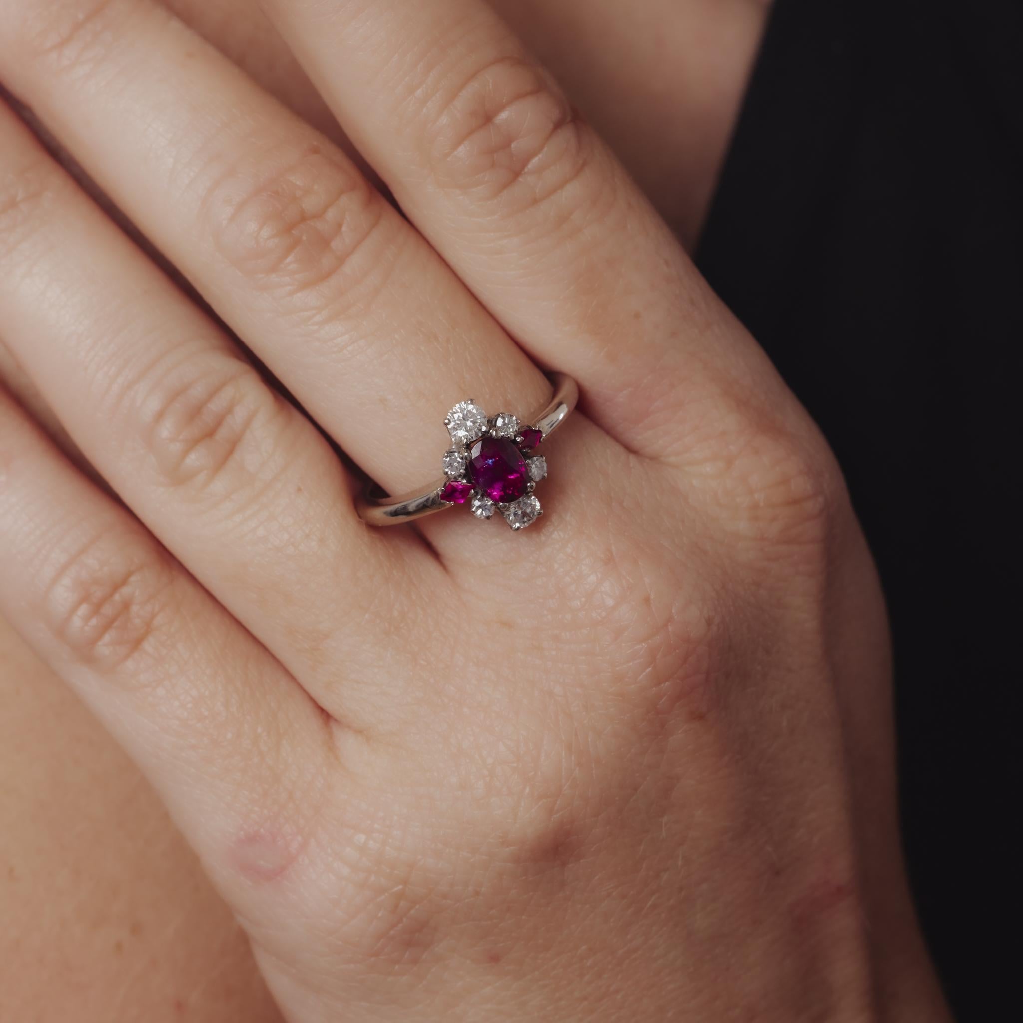 English Mid Century ruby diamond platinum ring