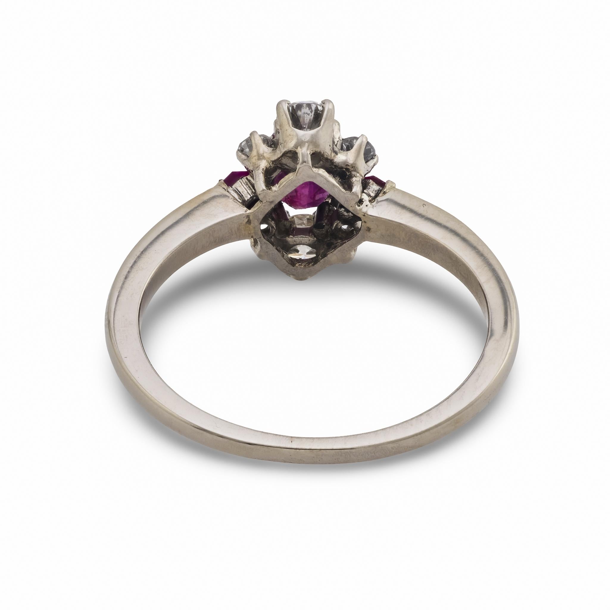 English Mid Century ruby diamond platinum ring