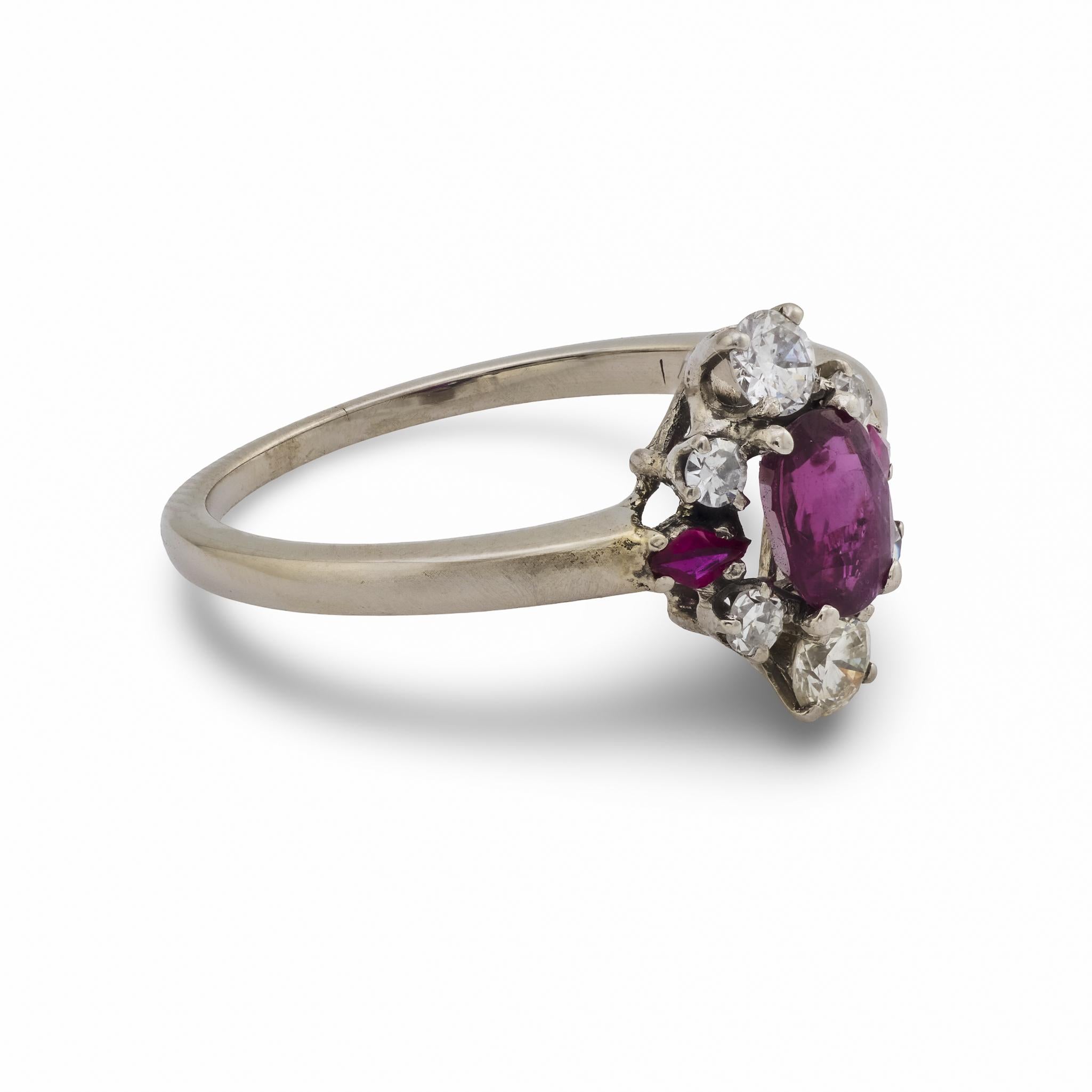 English Mid Century ruby diamond platinum ring