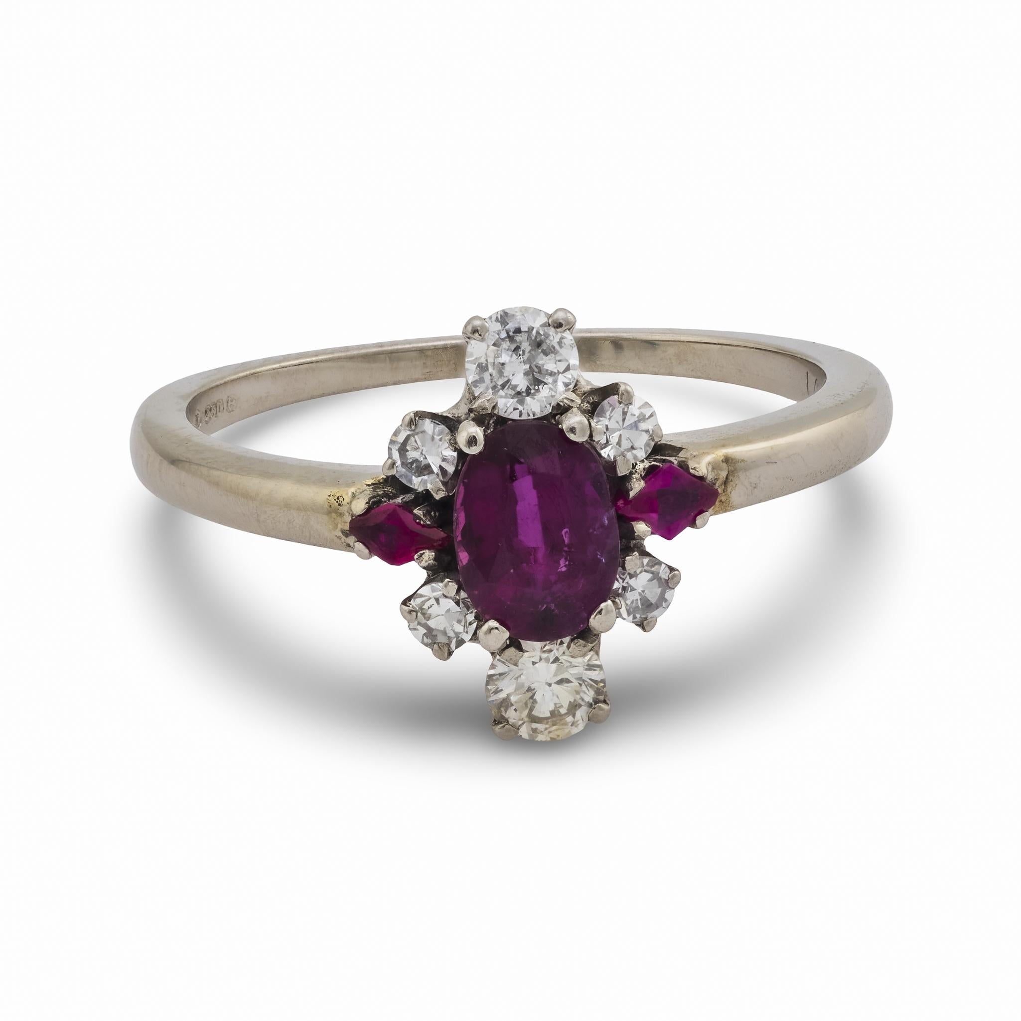 English Mid Century ruby diamond platinum ring