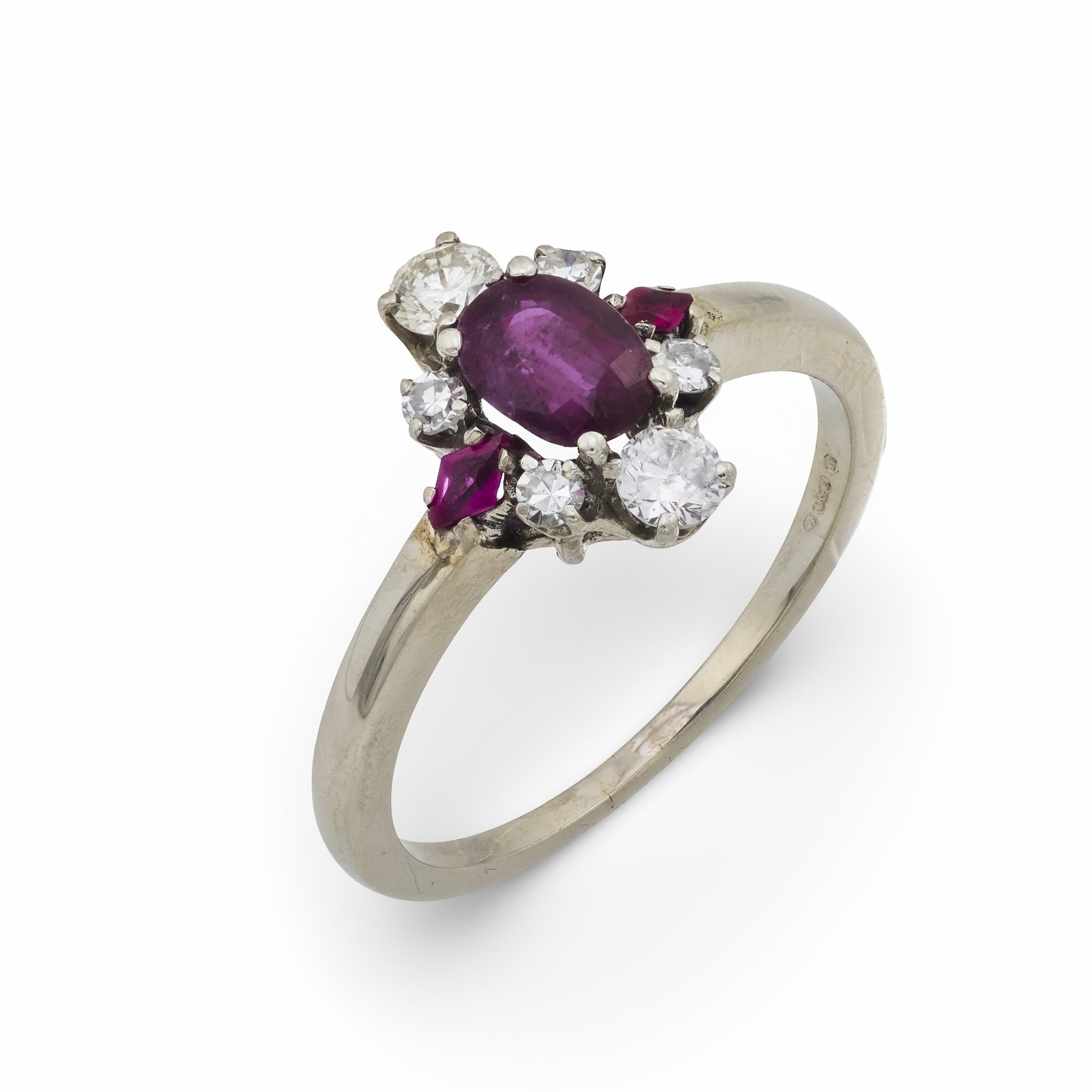 English Mid Century ruby diamond platinum ring