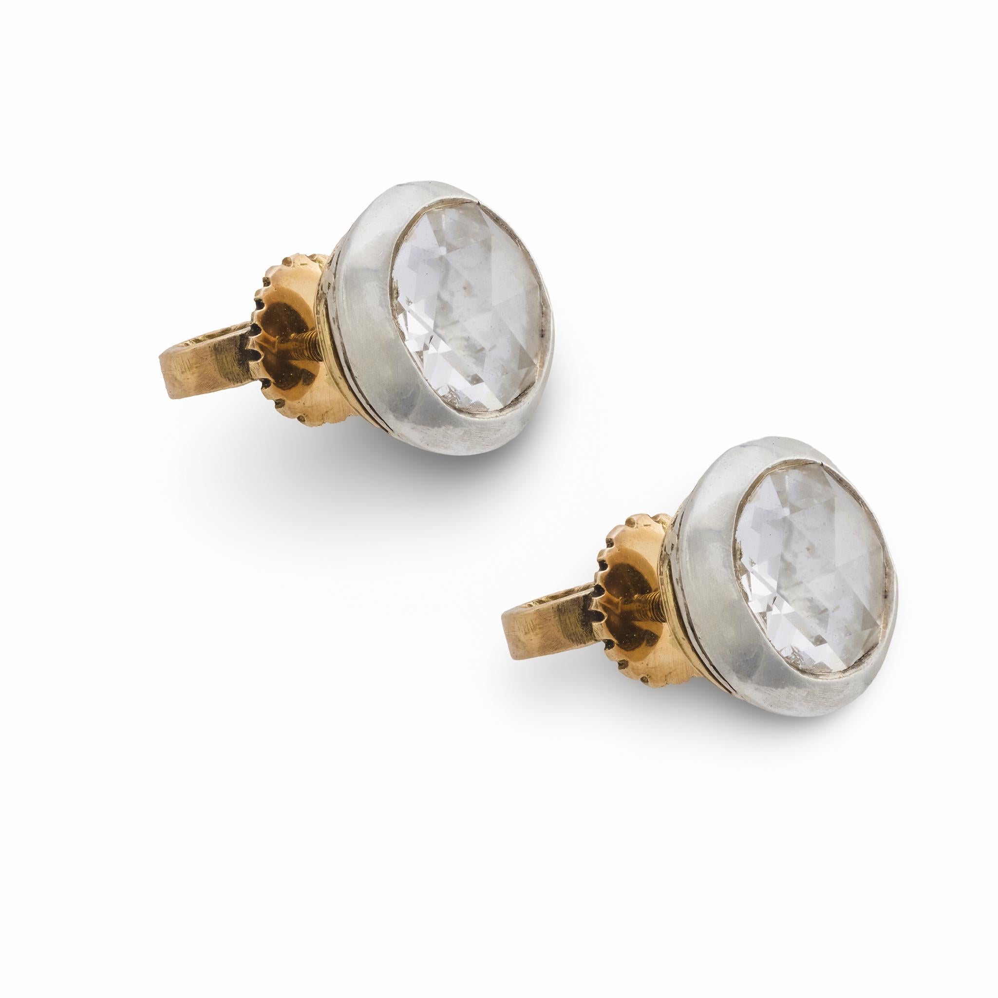 Art Deco Hungarian rose cut diamond 14k yellow gold silver stud earrings