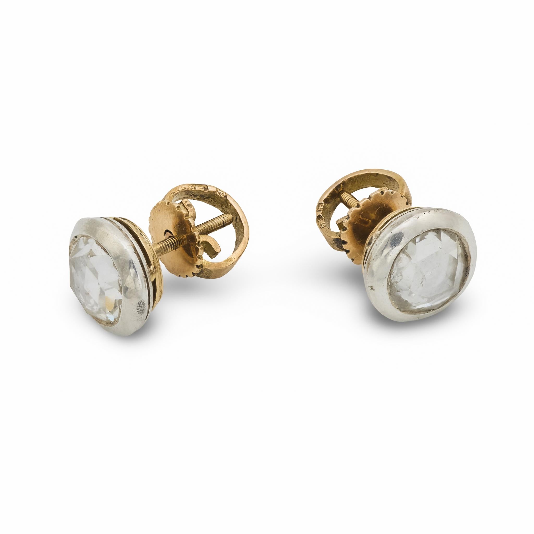 Art Deco Hungarian rose cut diamond 14k yellow gold silver stud earrings
