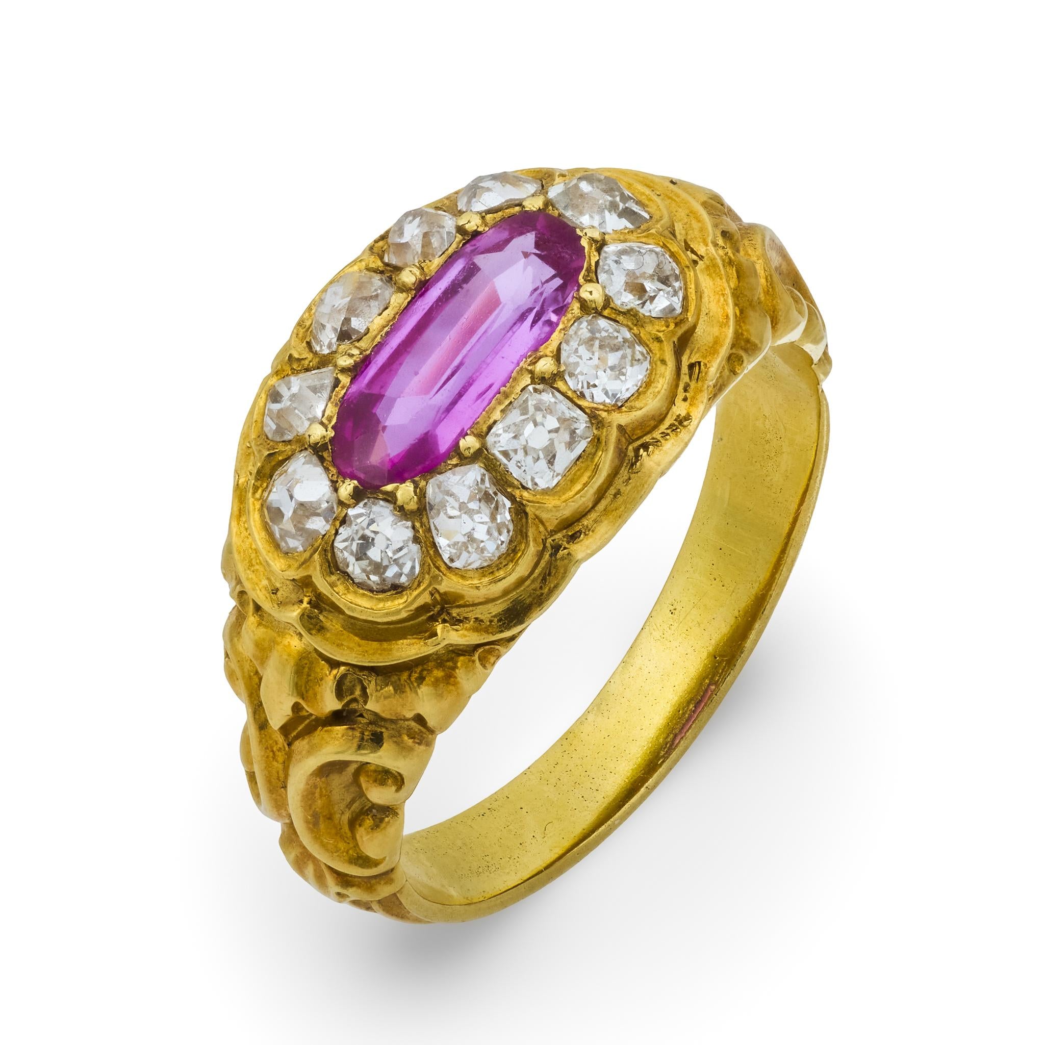 Victorian French GIA Burma no heat pink sapphire diamond 18k yellow gold ring