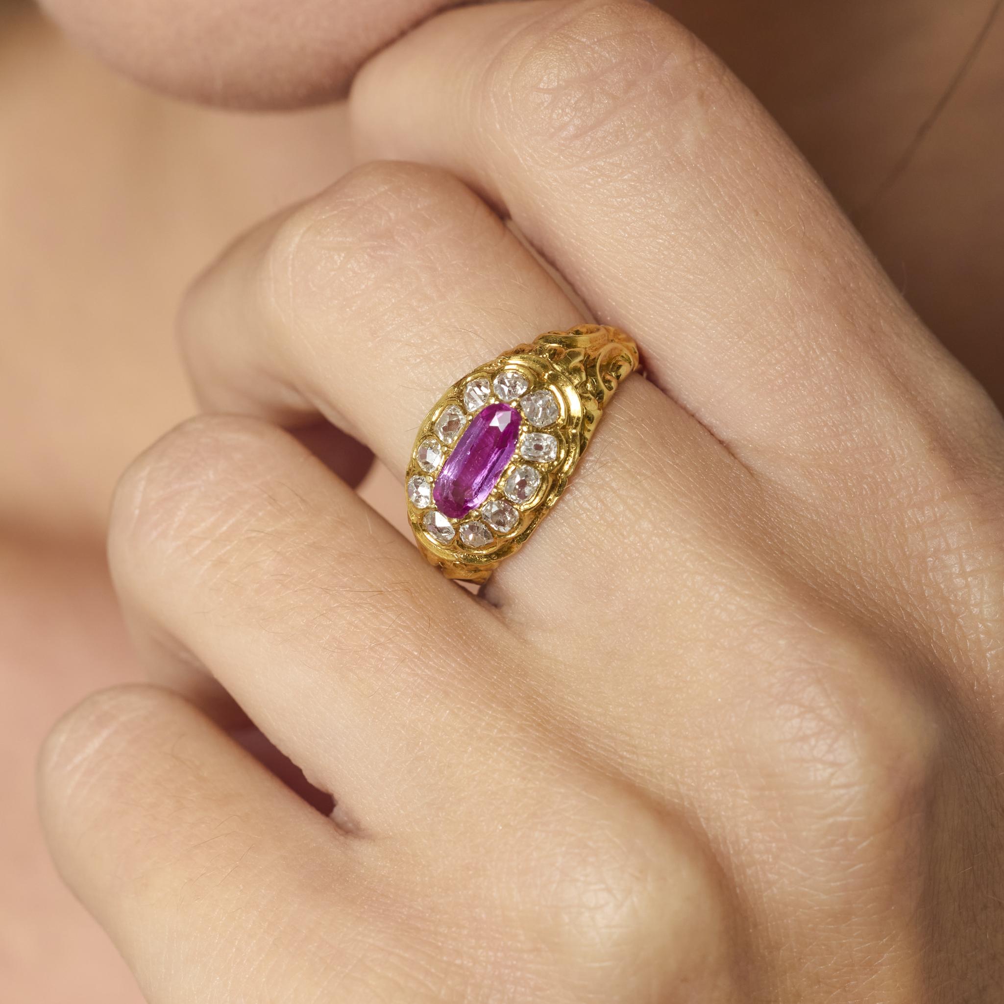 Victorian French GIA Burma no heat pink sapphire diamond 18k yellow gold ring
