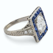 Art deco GIA 1.53 carat old European cut diamond sapphire engagement ring