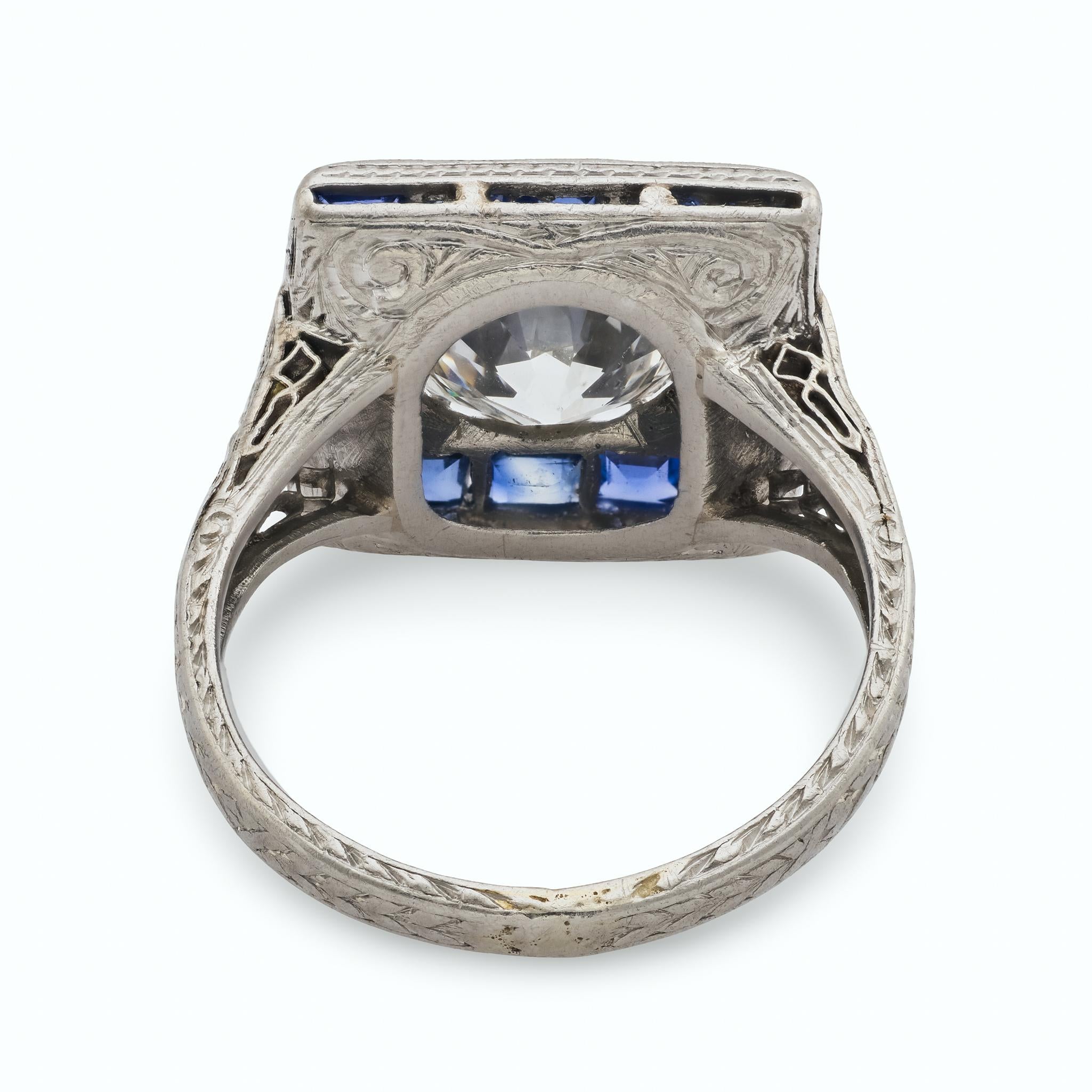 Art deco GIA 1.53 carat old European cut diamond sapphire engagement ring