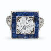 Art deco GIA 1.53 carat old European cut diamond sapphire engagement ring