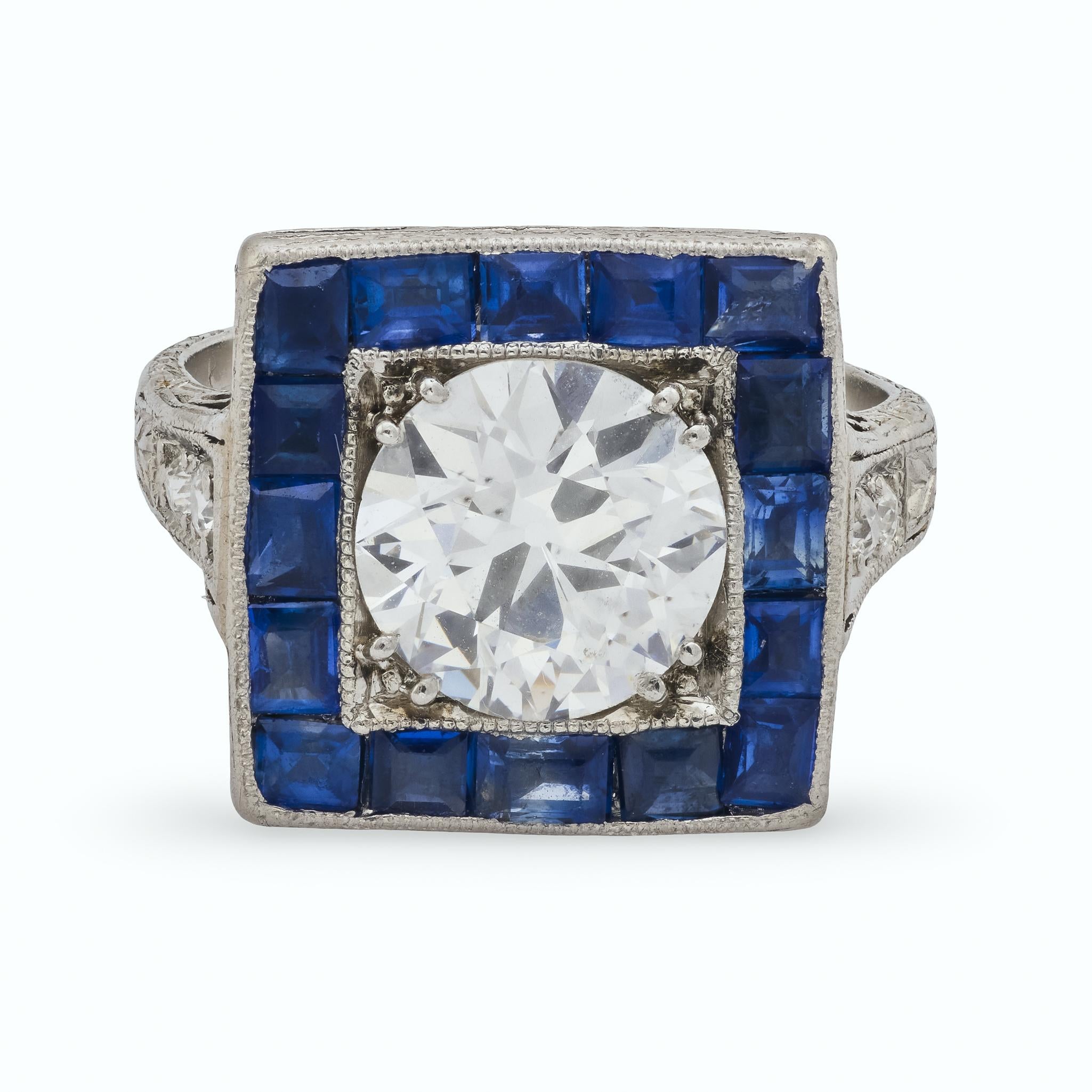 Art deco GIA 1.53 carat old European cut diamond sapphire engagement ring