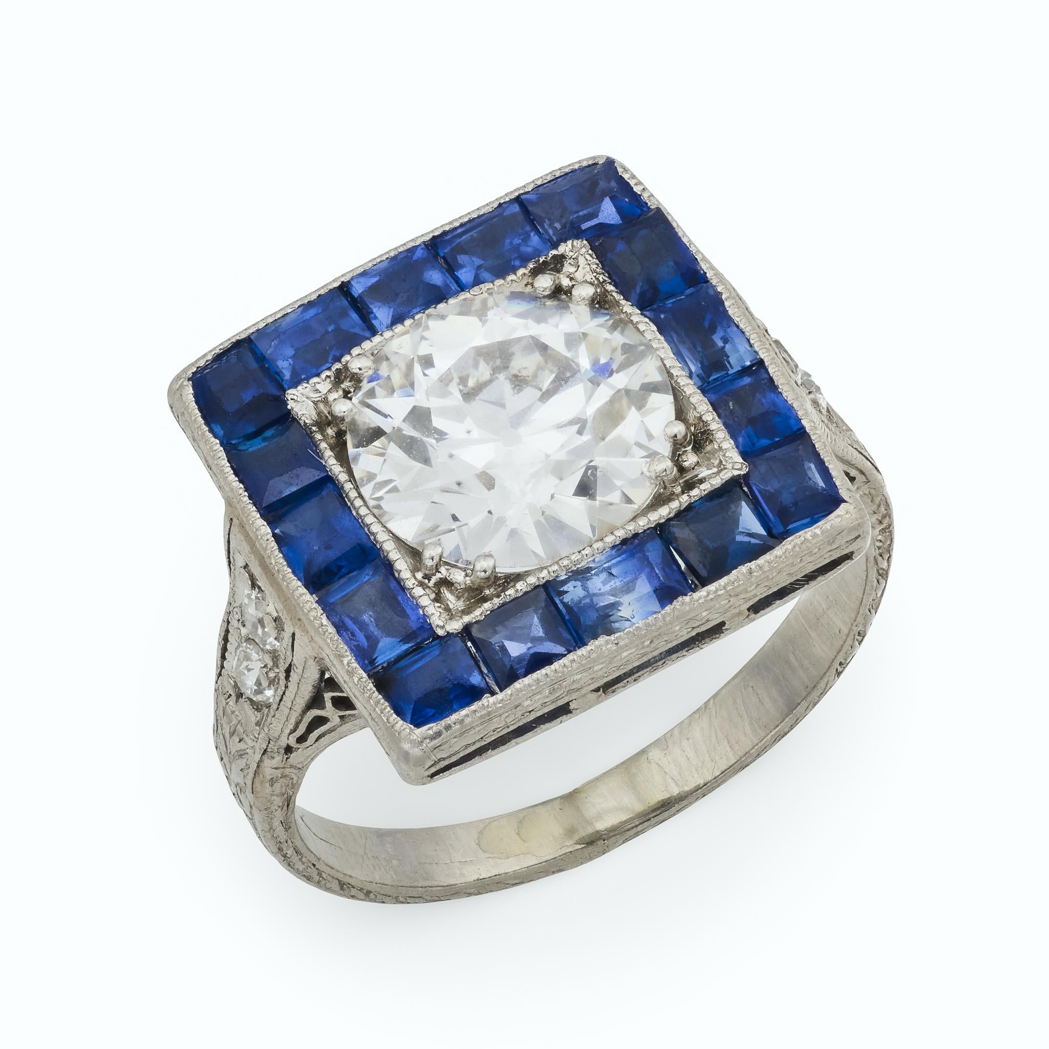 Art deco GIA 1.53 carat old European cut diamond sapphire engagement ring