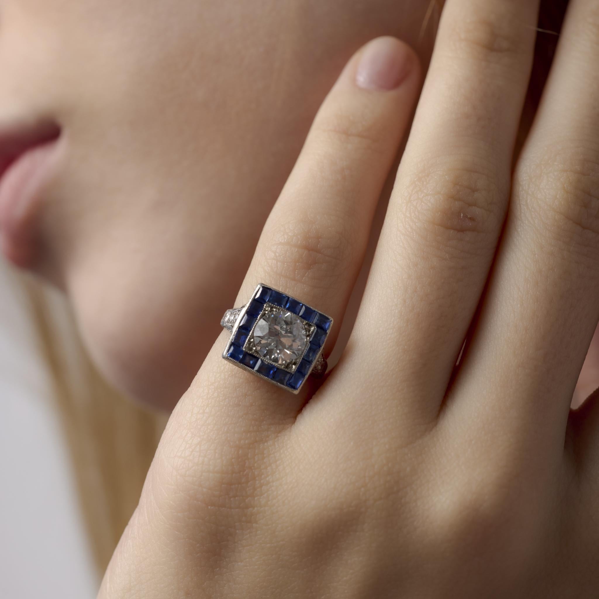 Art deco GIA 1.53 carat old European cut diamond sapphire engagement ring