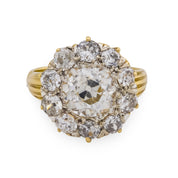 Victorian GIA 3.02 carat old European cut diamond 18k yellow gold cluster ring