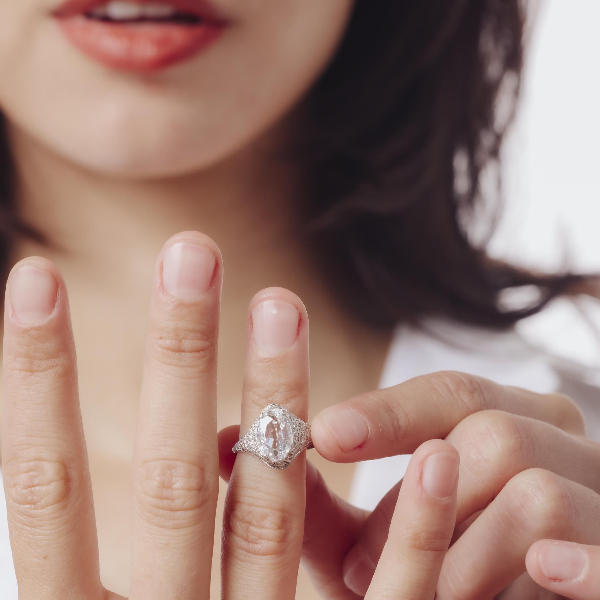 Art Deco GIA 1.52 carat oval cut diamond platinum engagement ring