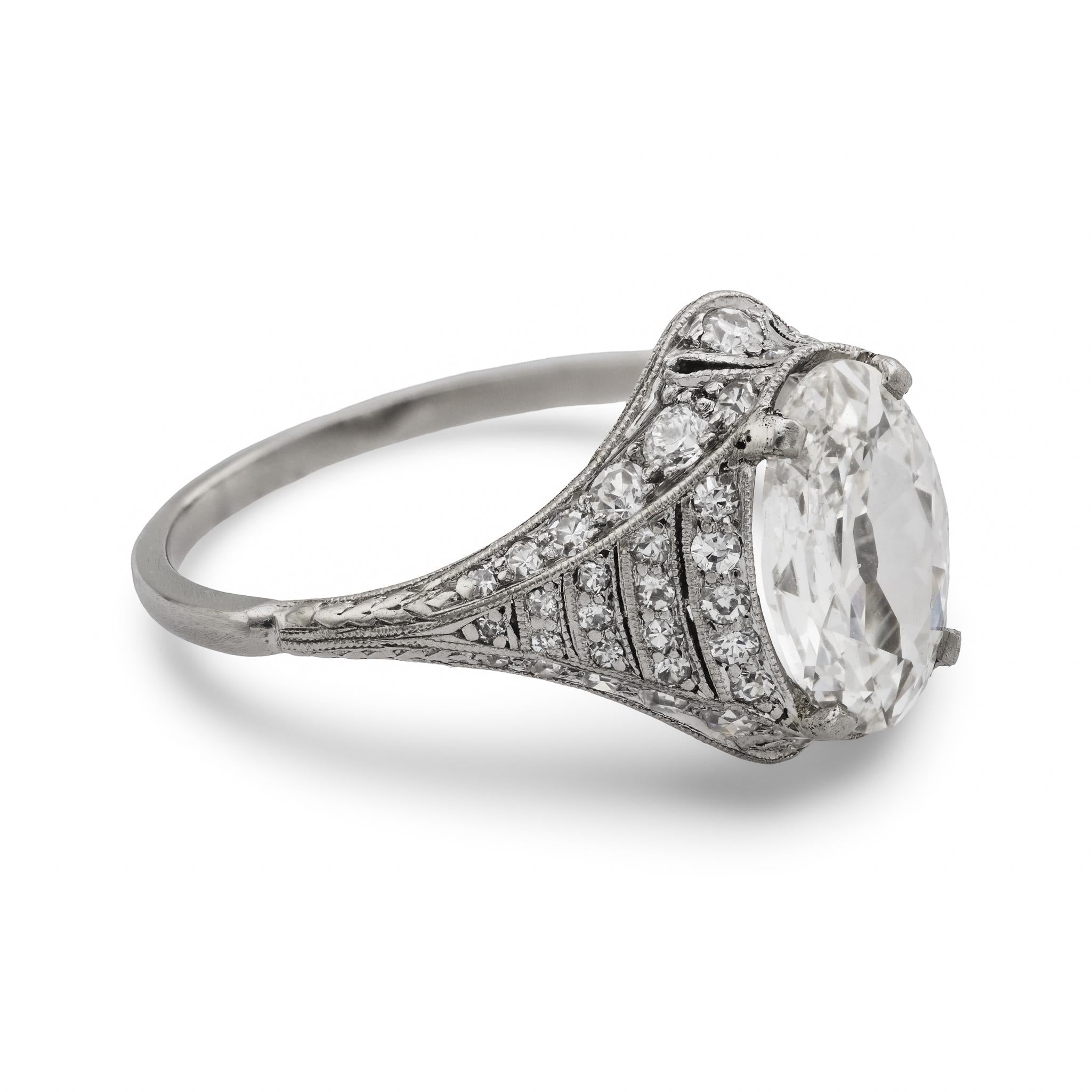 Art Deco GIA 1.52 carat oval cut diamond platinum engagement ring