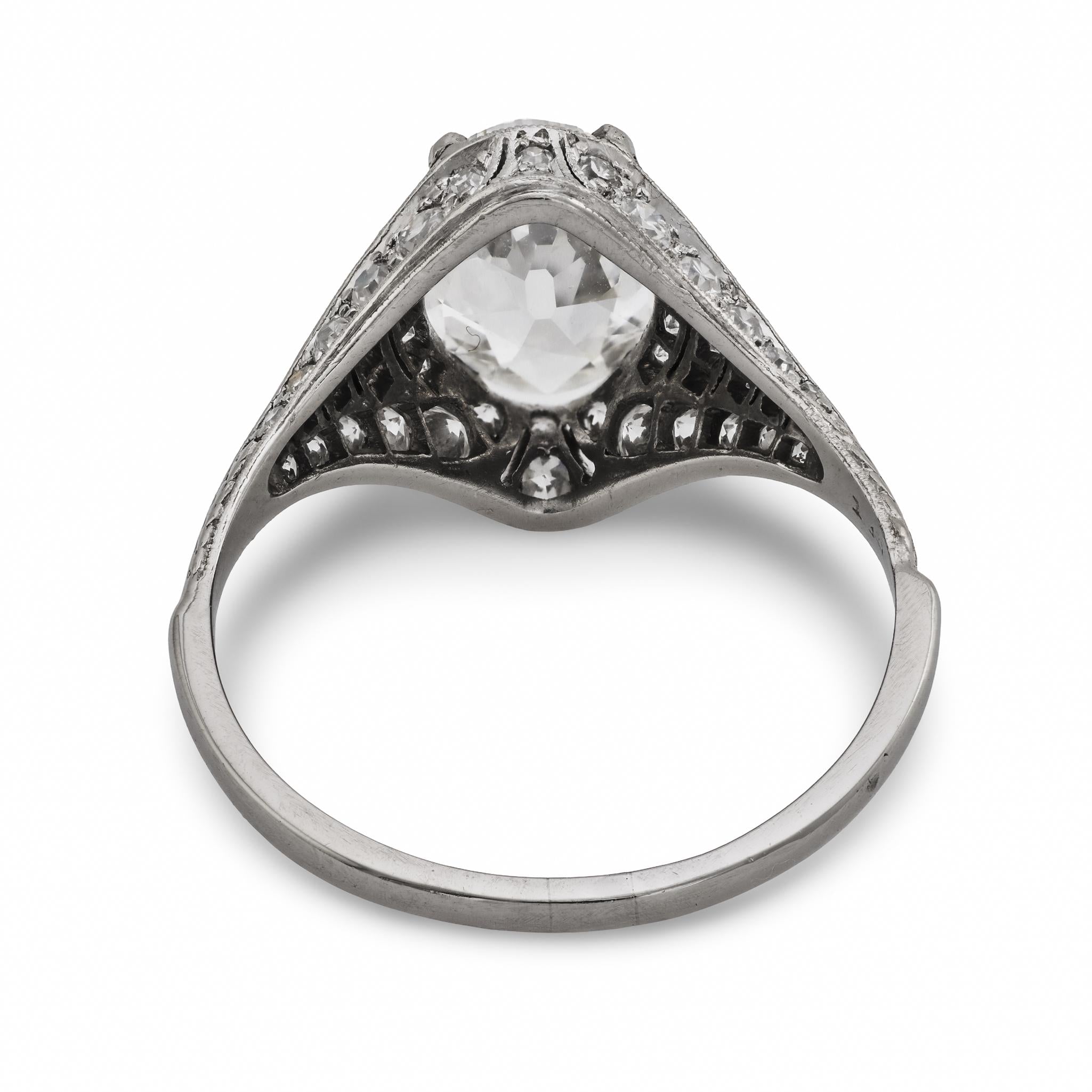 Art Deco GIA 1.52 carat oval cut diamond platinum engagement ring